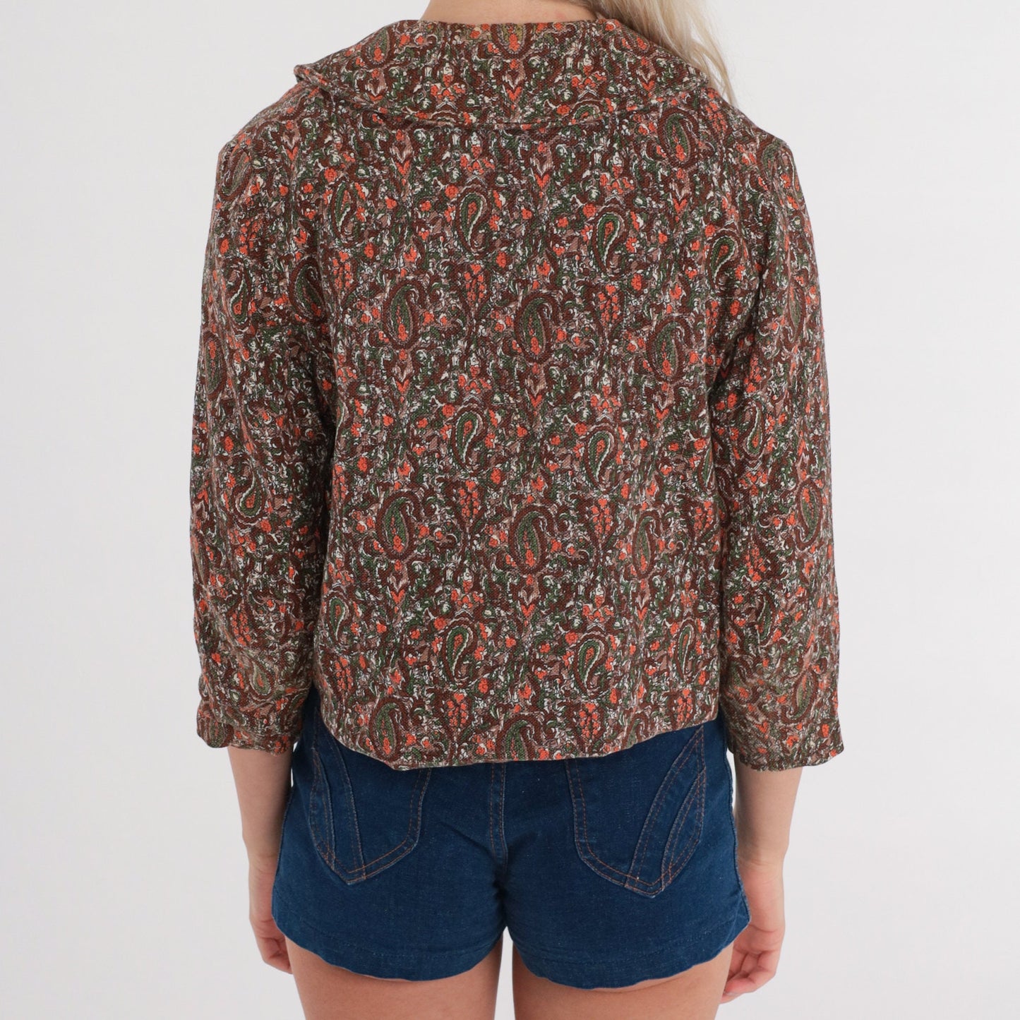 60s Paisley Cropped Jacket 3/4 Sleeve Button Up Brown Orange Green Extra Small