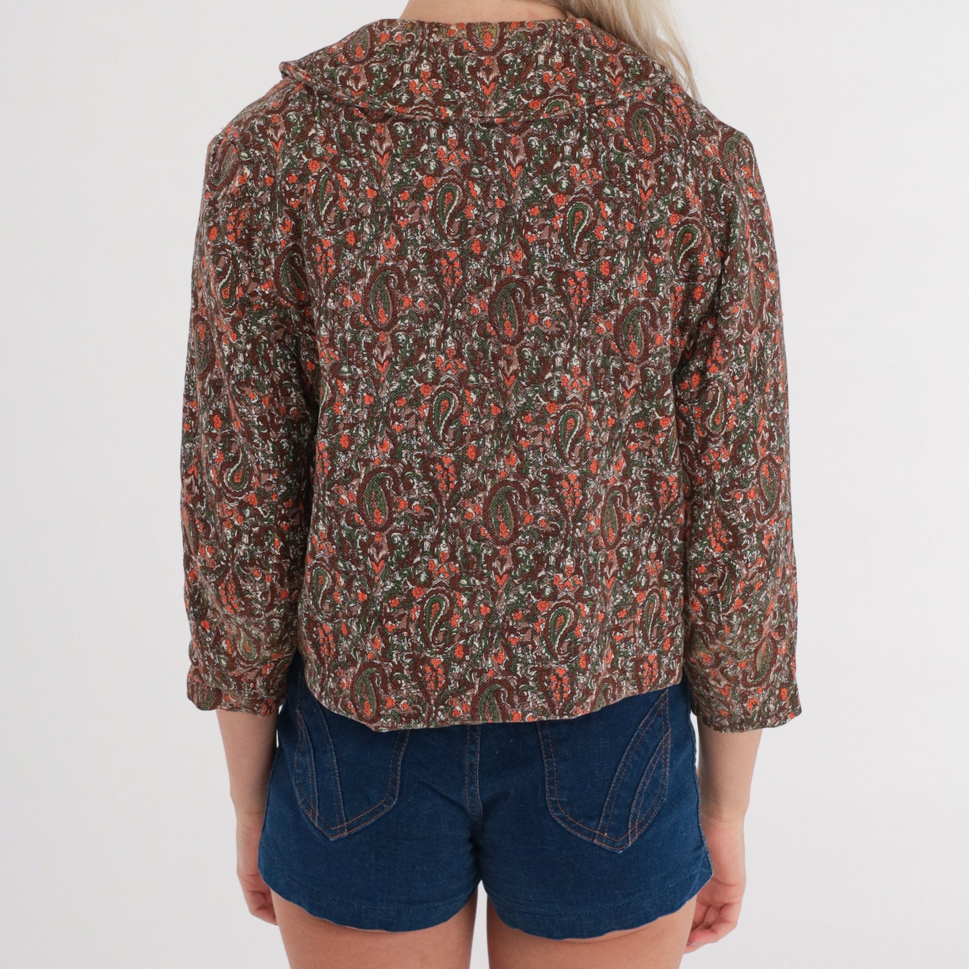 60s Paisley Cropped Jacket 3/4 Sleeve Button Up Brown Orange Green Extra Small