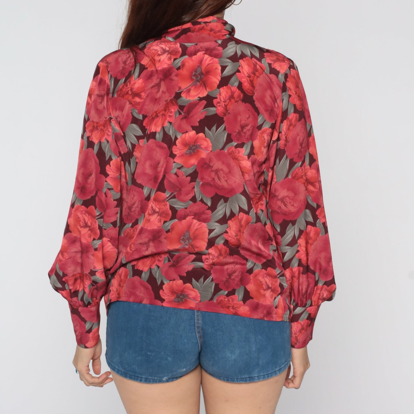 80s Jaeger Floral Ascot Blouse Red Button-Up Long Sleeve Small