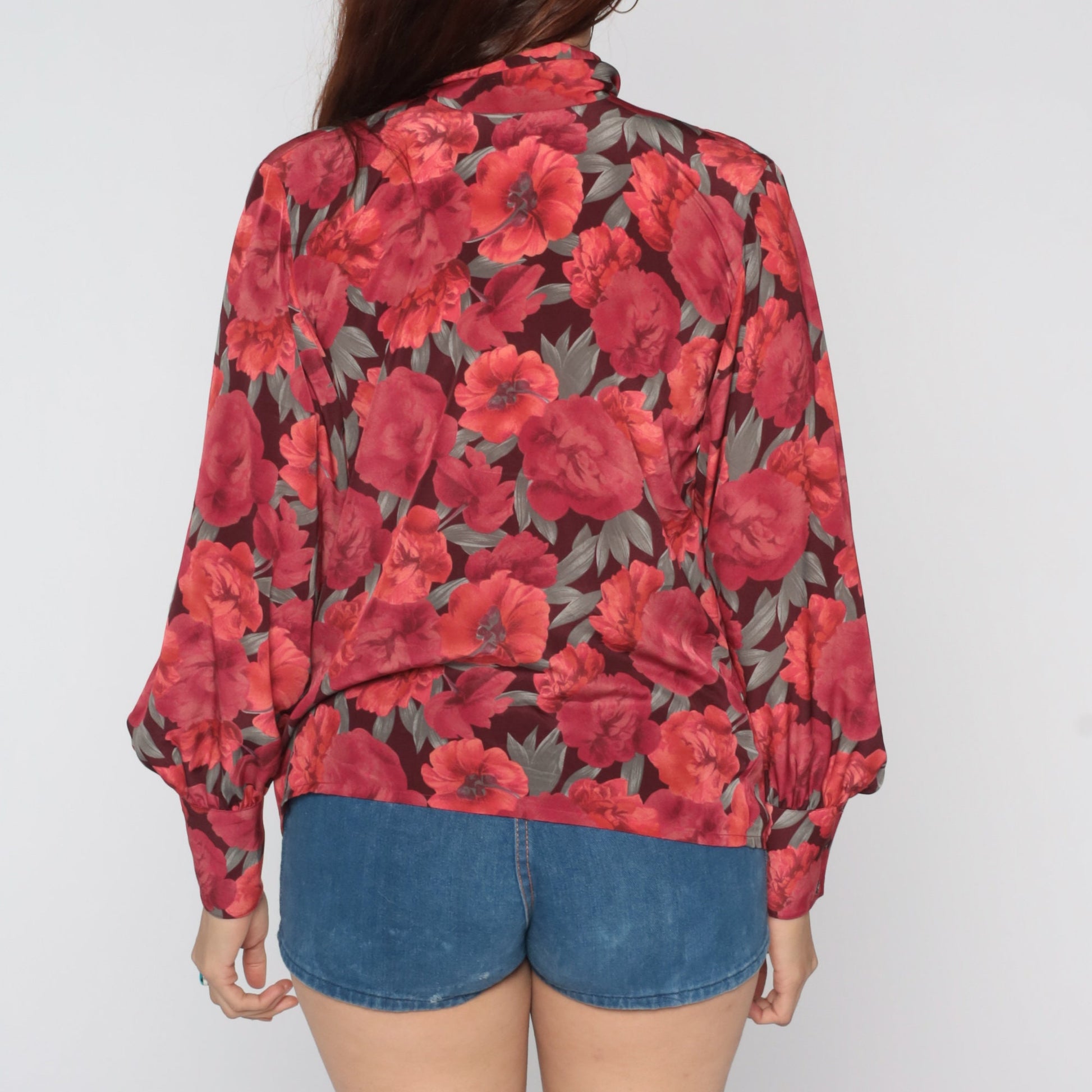 80s Jaeger Floral Ascot Blouse Red Button-Up Long Sleeve Small