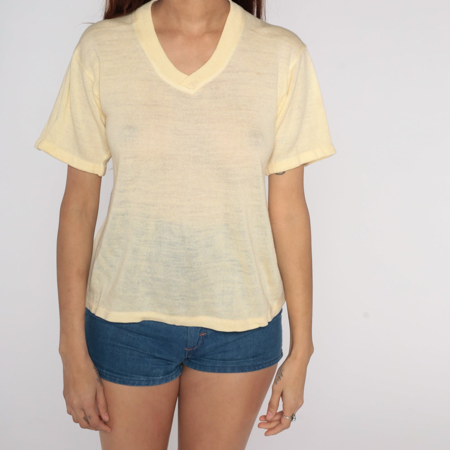 70s Yellow Knit V-Neck Short Sleeve Top Small S