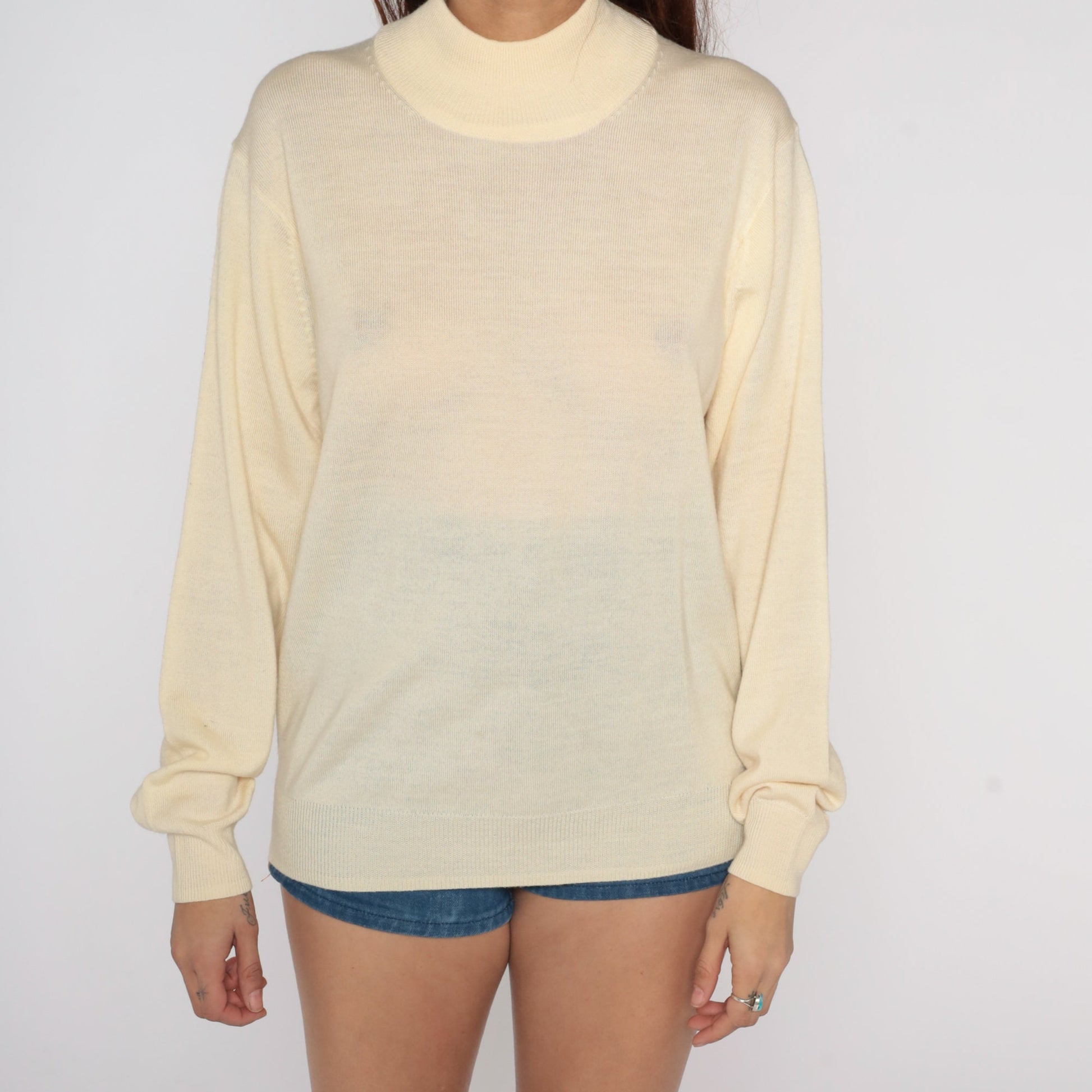 Y2K Merino Wool Mock Neck Sweater Cream Semi-Sheer Knit Small S