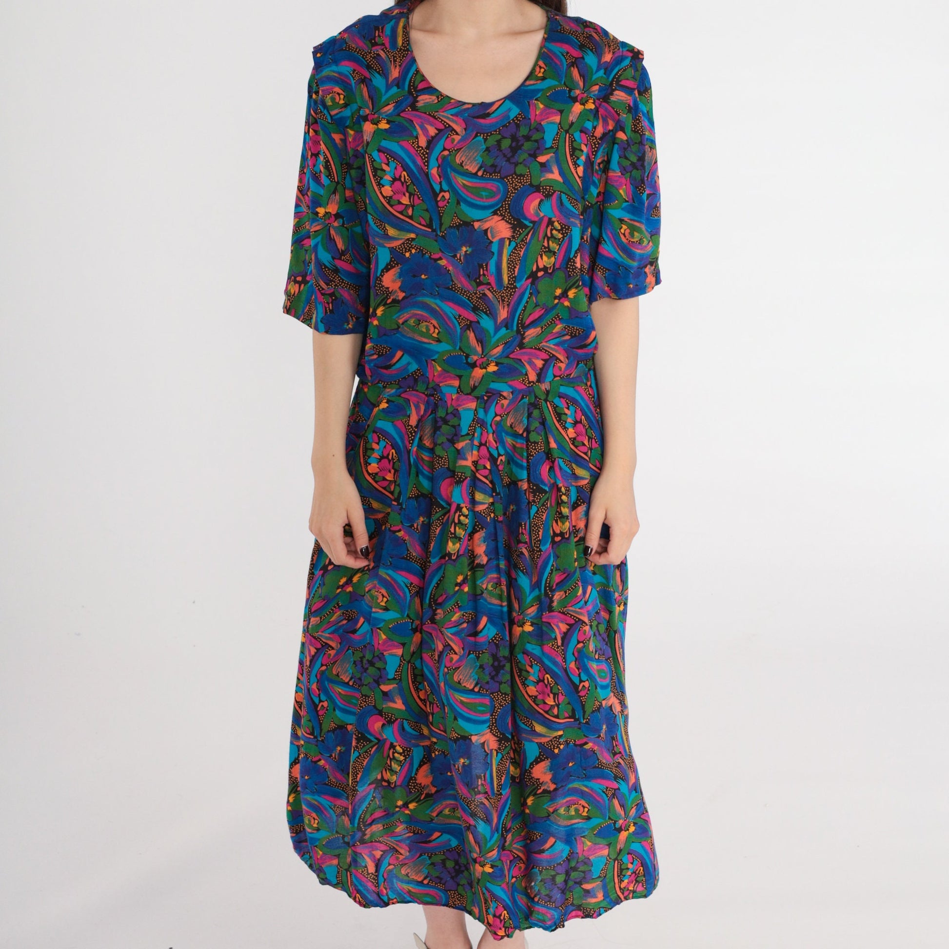 80s Paisley Floral Rayon Dress Drop Waist Pleated Midi Blue Pink Large L