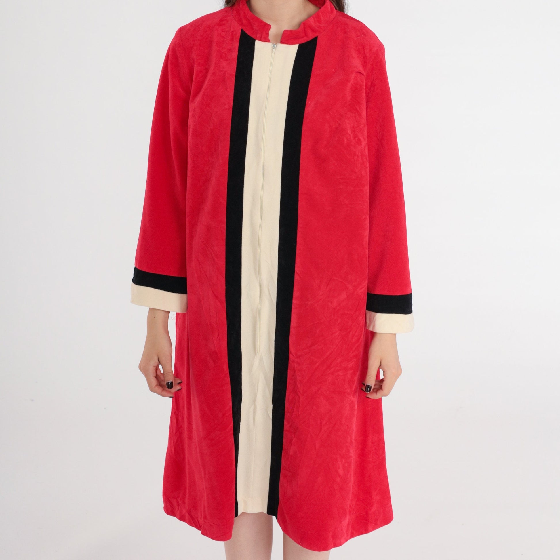 70s Red Striped Velour Robe Dress Mini Shift Front Zip Lounge Medium Large