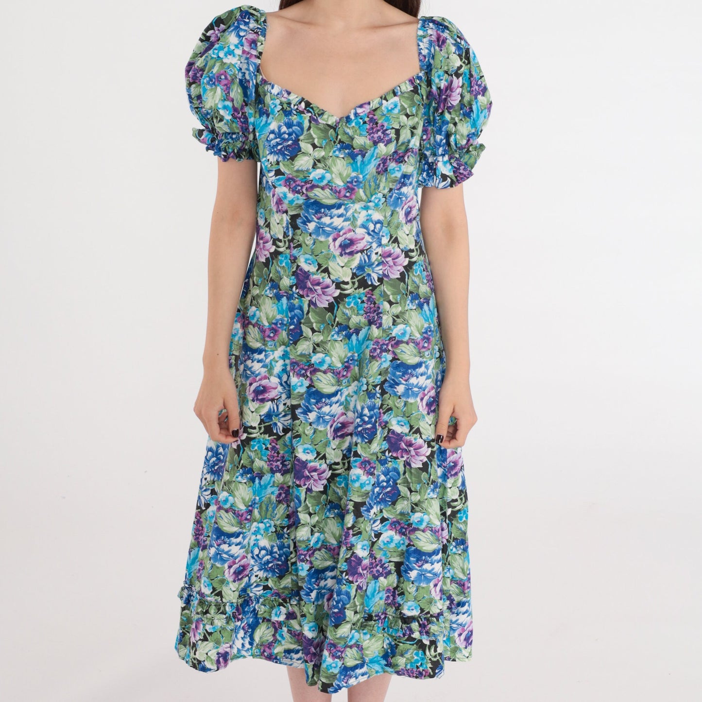 80s Floral Midi Dress Puff Sleeve Sweetheart Neckline Blue Purple Medium