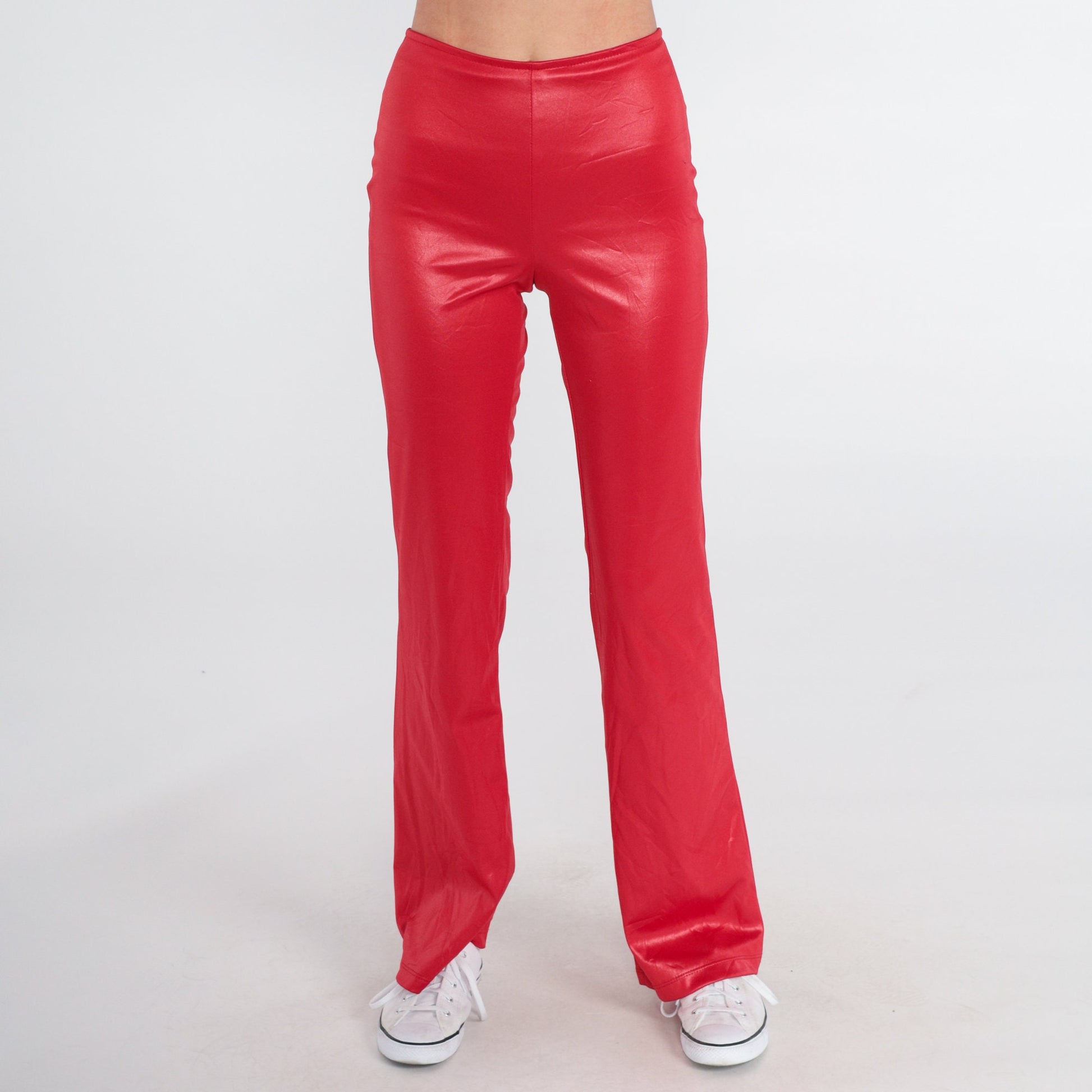 90s Red Shiny Low Rise Flared Trousers Extra Small XS