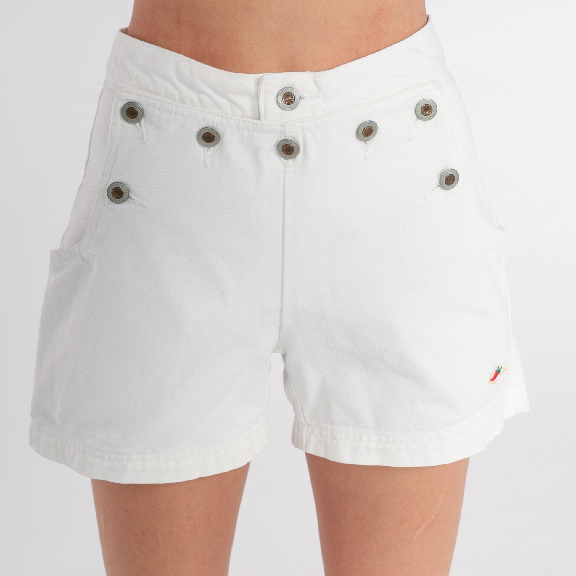 90s White Denim Shorts High Waist Chili Pepper Embroidered Jean Shorts Extra Small