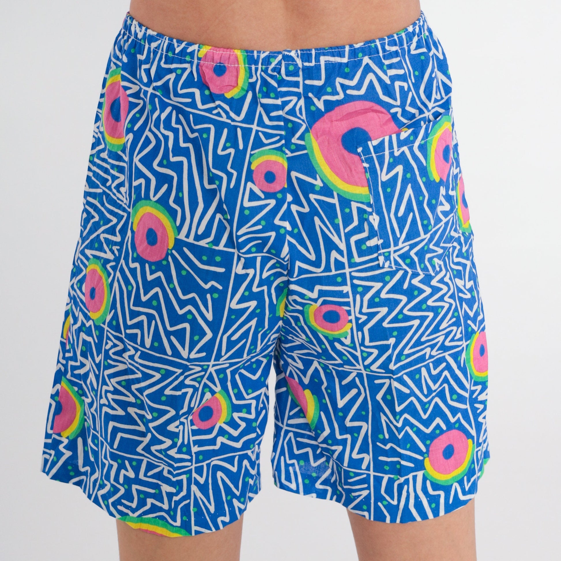 90s Blue Abstract Print Shorts High Drawstring Waist Wide Leg Extra Small