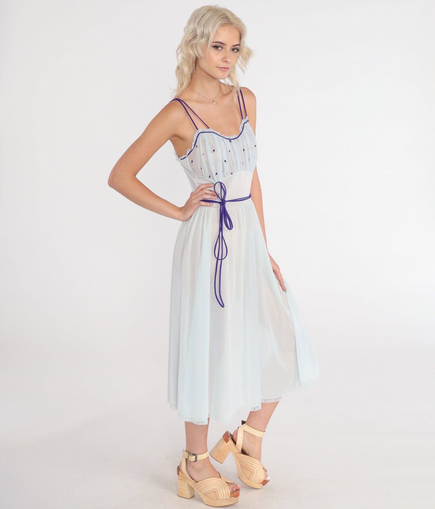 70s Sheer Blue Nightgown Floral Embroidered Lace Trim Empire Waist Midi Small
