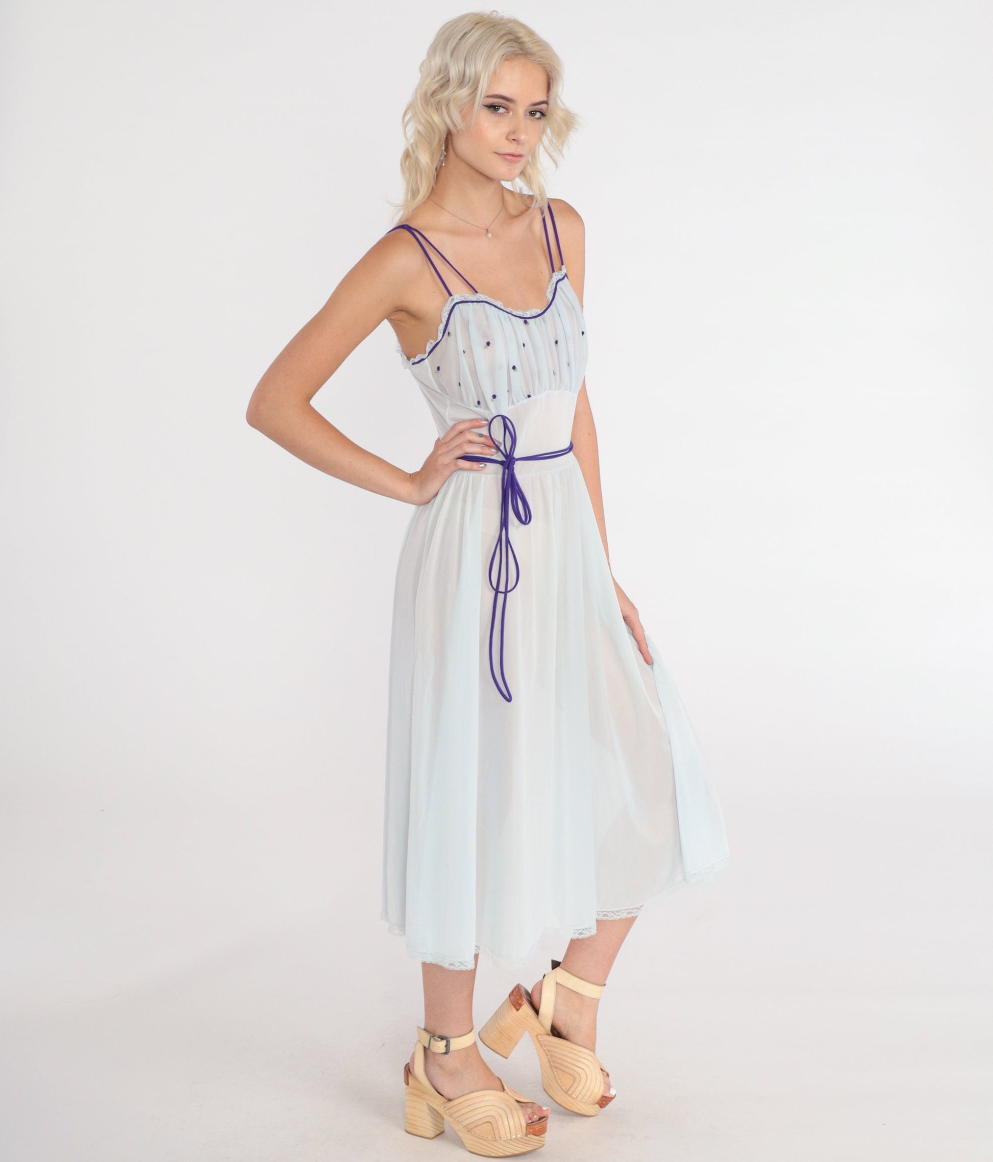 70s Sheer Blue Nightgown Floral Embroidered Lace Trim Empire Waist Midi Small
