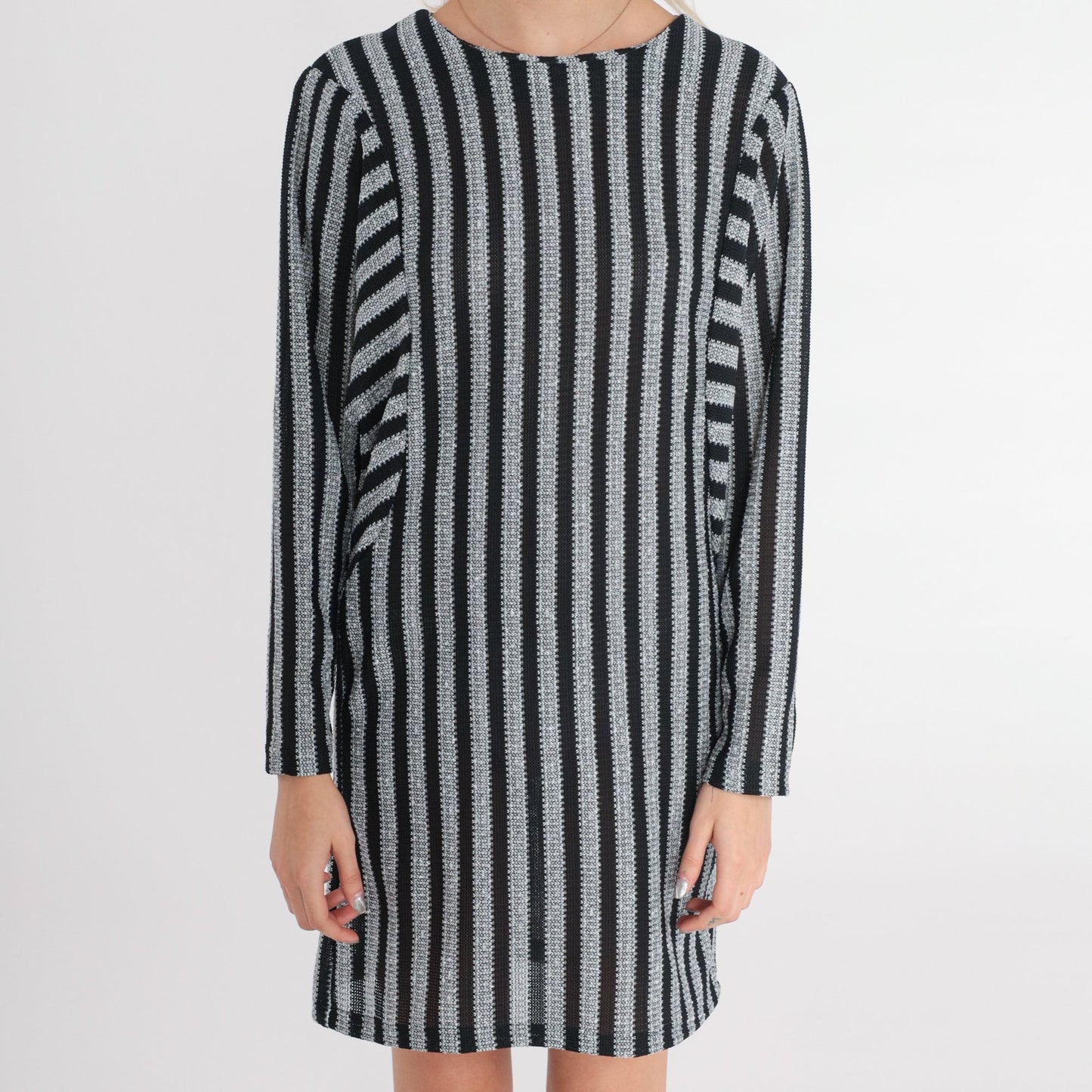70s Striped Mini Dress Long Sleeve Shift Black White Grey Vertical Stripes Medium