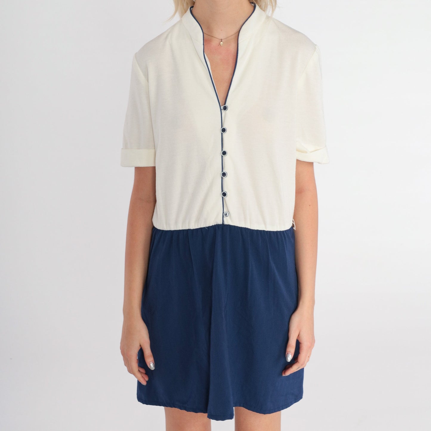 80s White Navy Colorblock Mini Dress Button-Up Shirtwaist Small