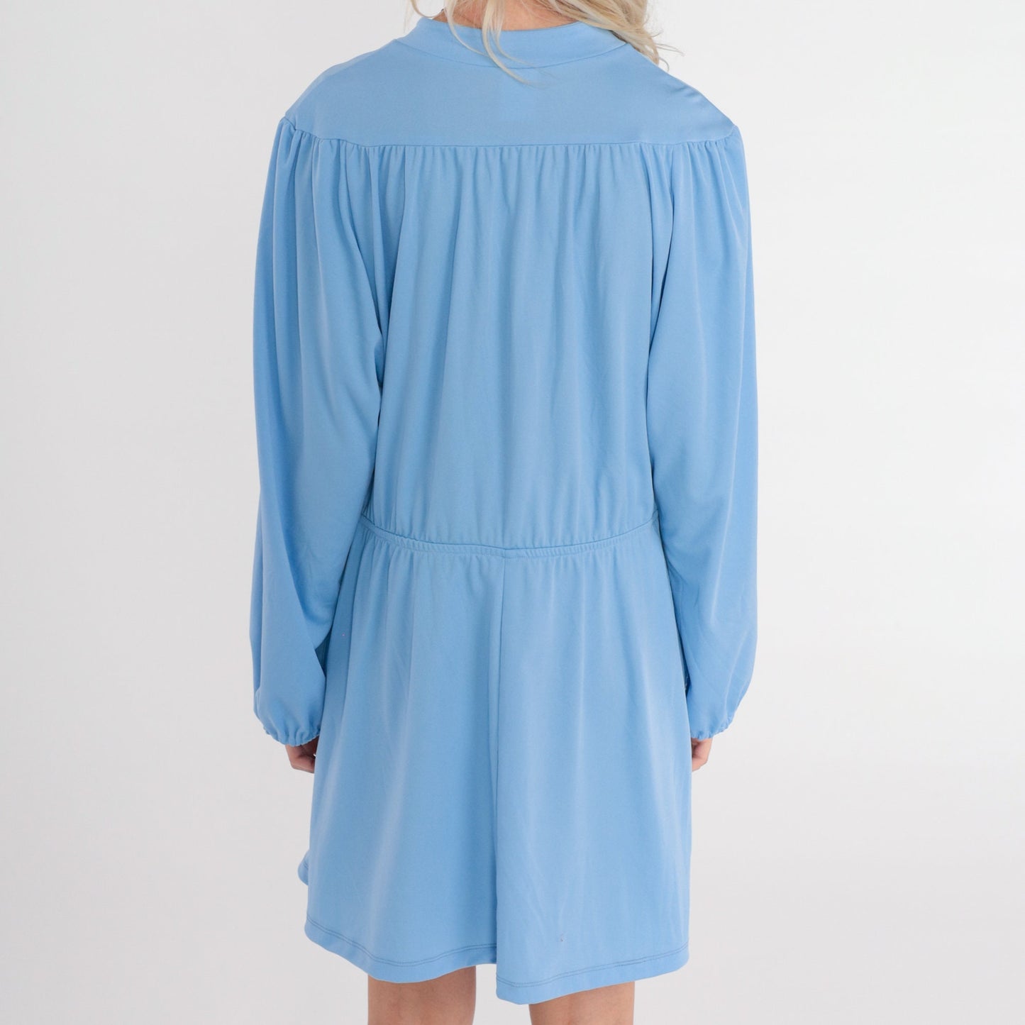 70s Blue Floral Embroidered Mini Dress High Waist Button Up Long Sleeve Extra Large