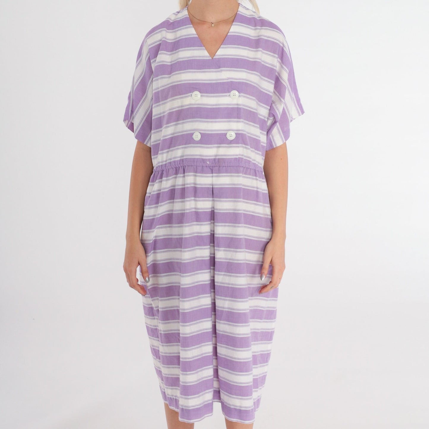 80s Striped Midi Dress White Purple Double Breasted V-Neck High Waisted Medium