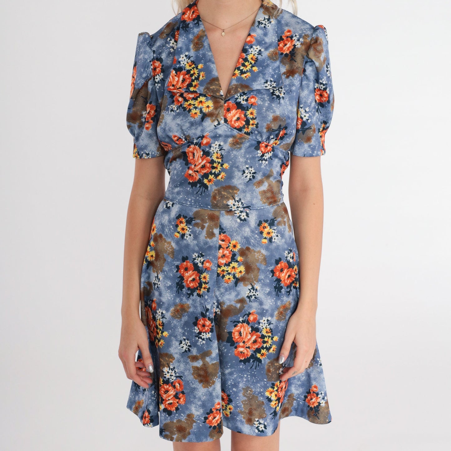 70s Blue Floral Babydoll Mini Dress Puff Sleeve Empire Waist Small S
