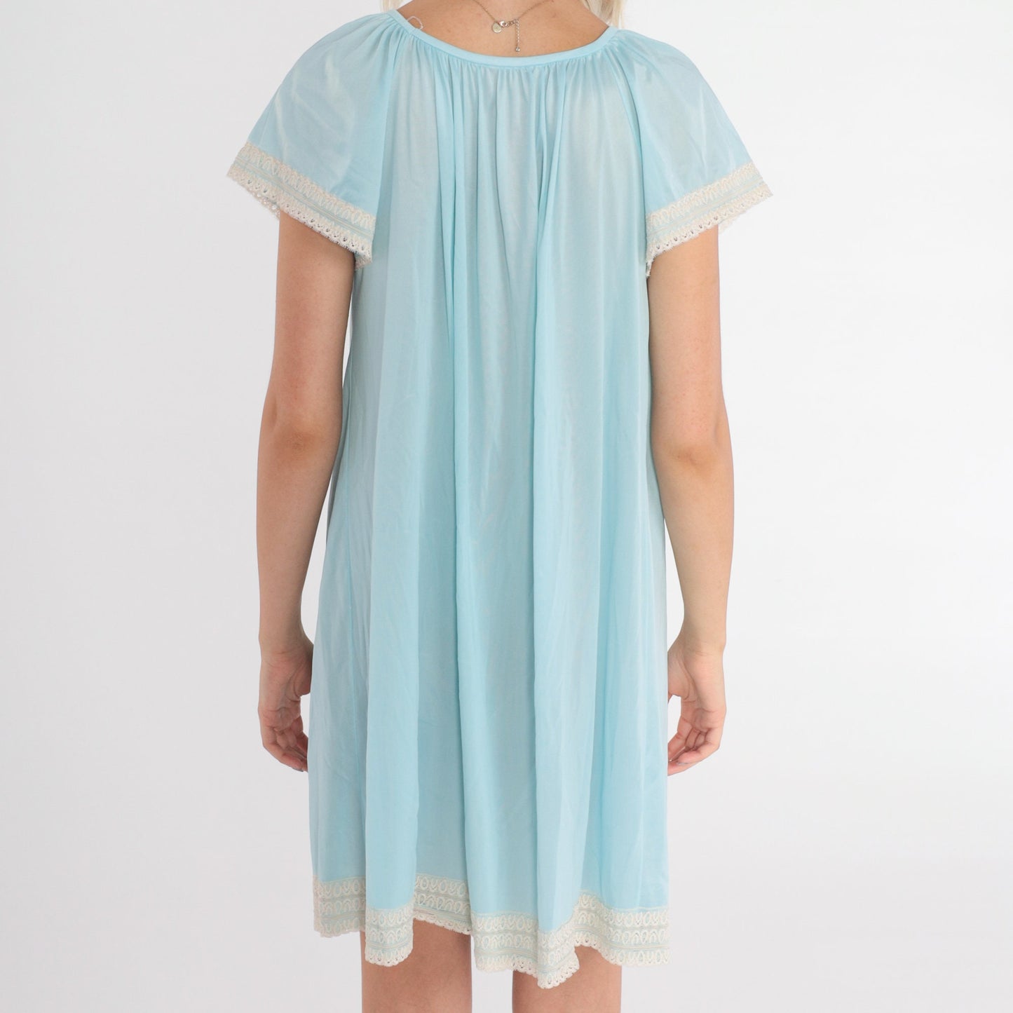 90s Baby Blue Nursing Nightgown Mini Lace Trim Short Sleeve Medium M