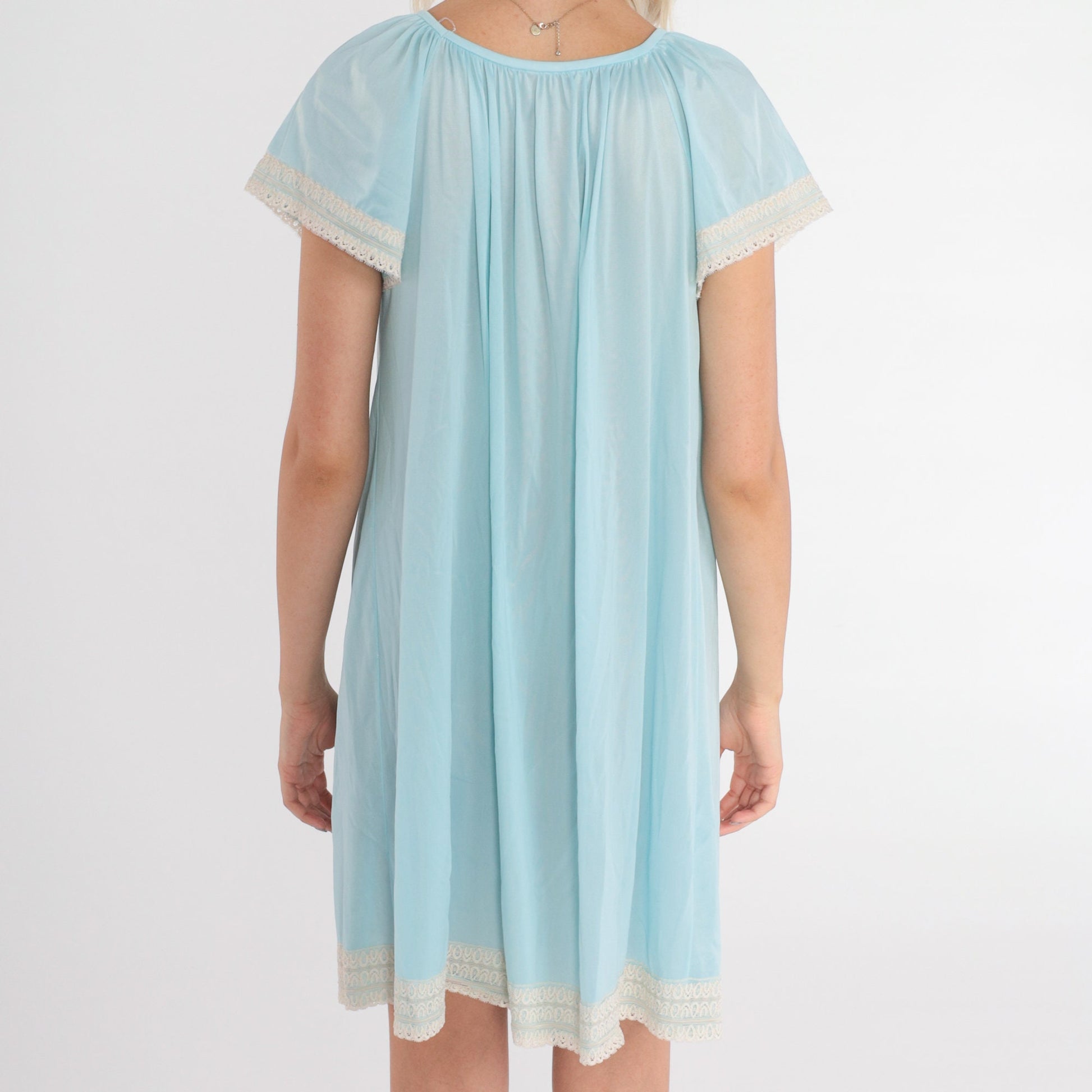 90s Baby Blue Nursing Nightgown Mini Lace Trim Short Sleeve Medium M
