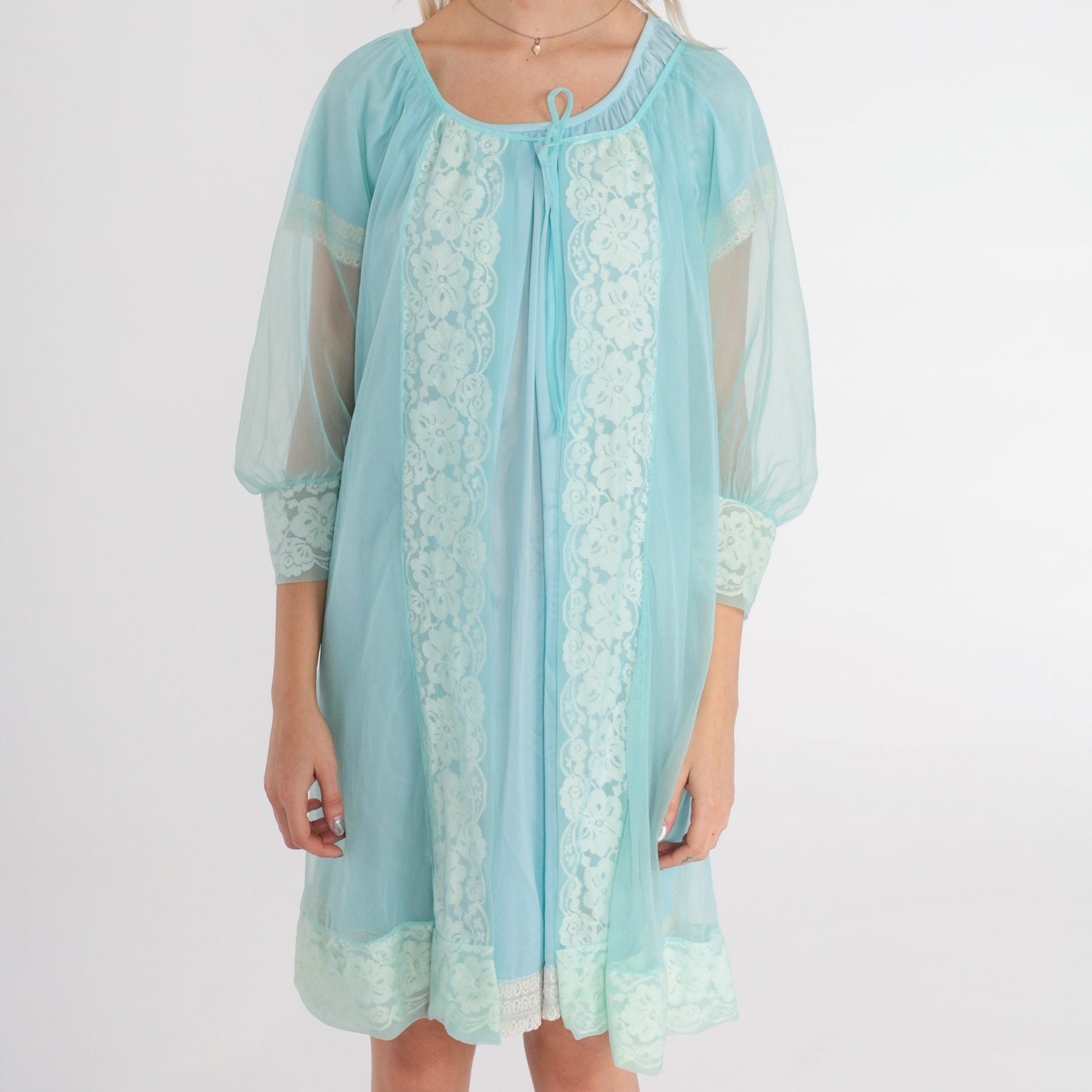 70s Sheer Blue Nylon Lingerie Robe Lace Trim Tie Front Medium M