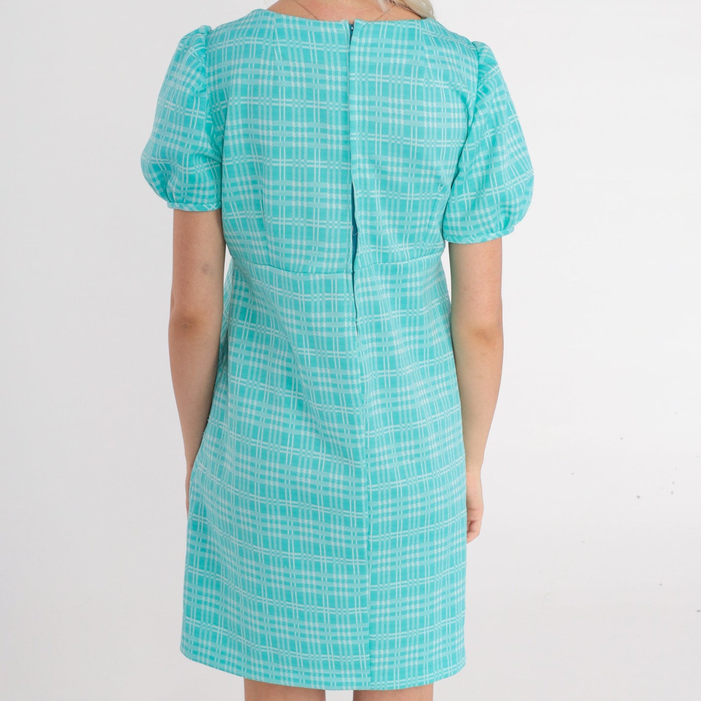 60s Blue Checkered Babydoll Dress Empire Waist Puff Sleeve Mini Small