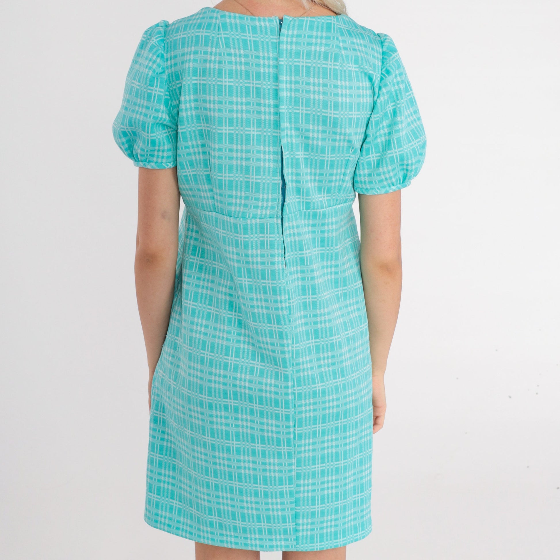 60s Blue Checkered Babydoll Dress Empire Waist Puff Sleeve Mini Small