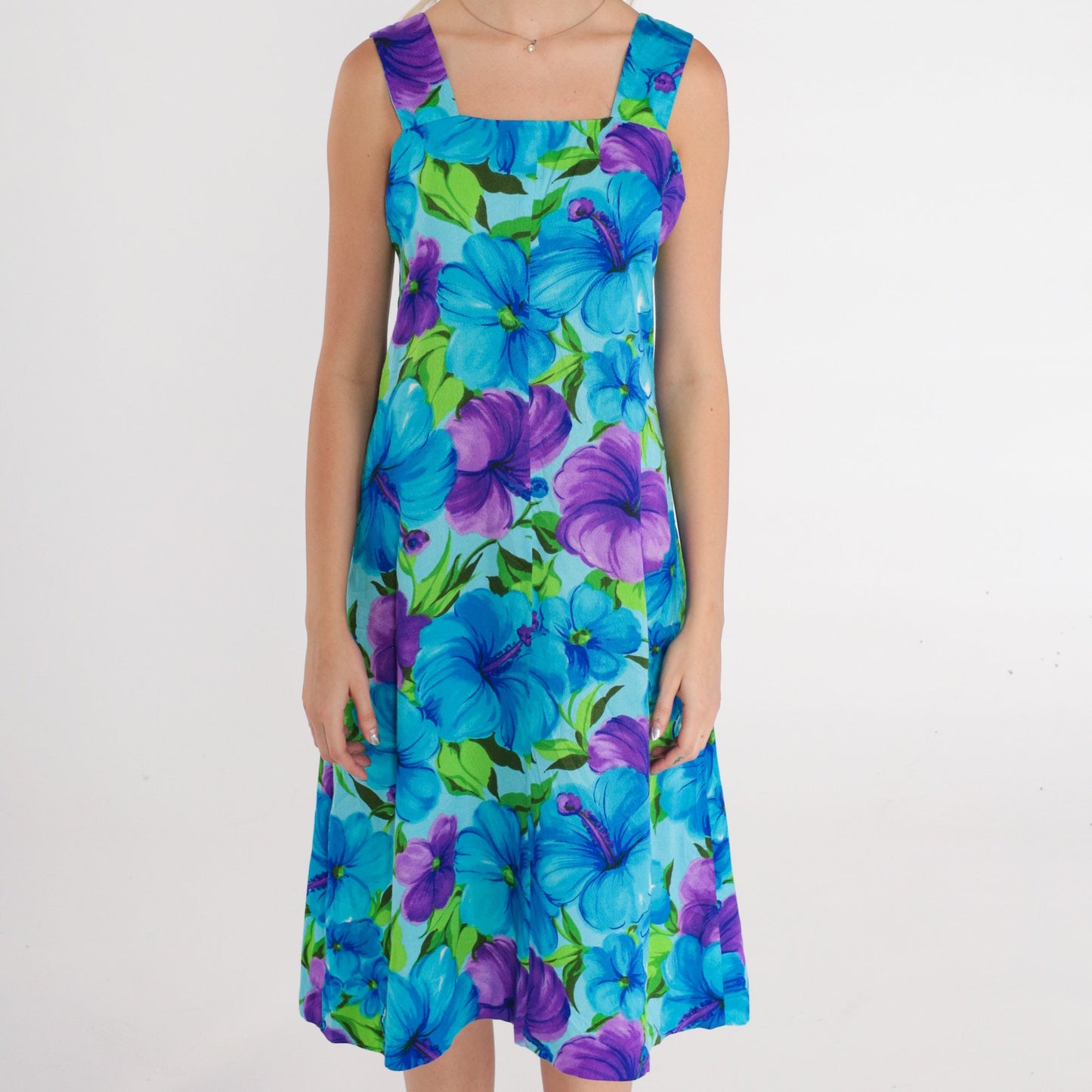 70s Tropical Floral A-Line Sundress Sleeveless Knee-Length Cotton Small