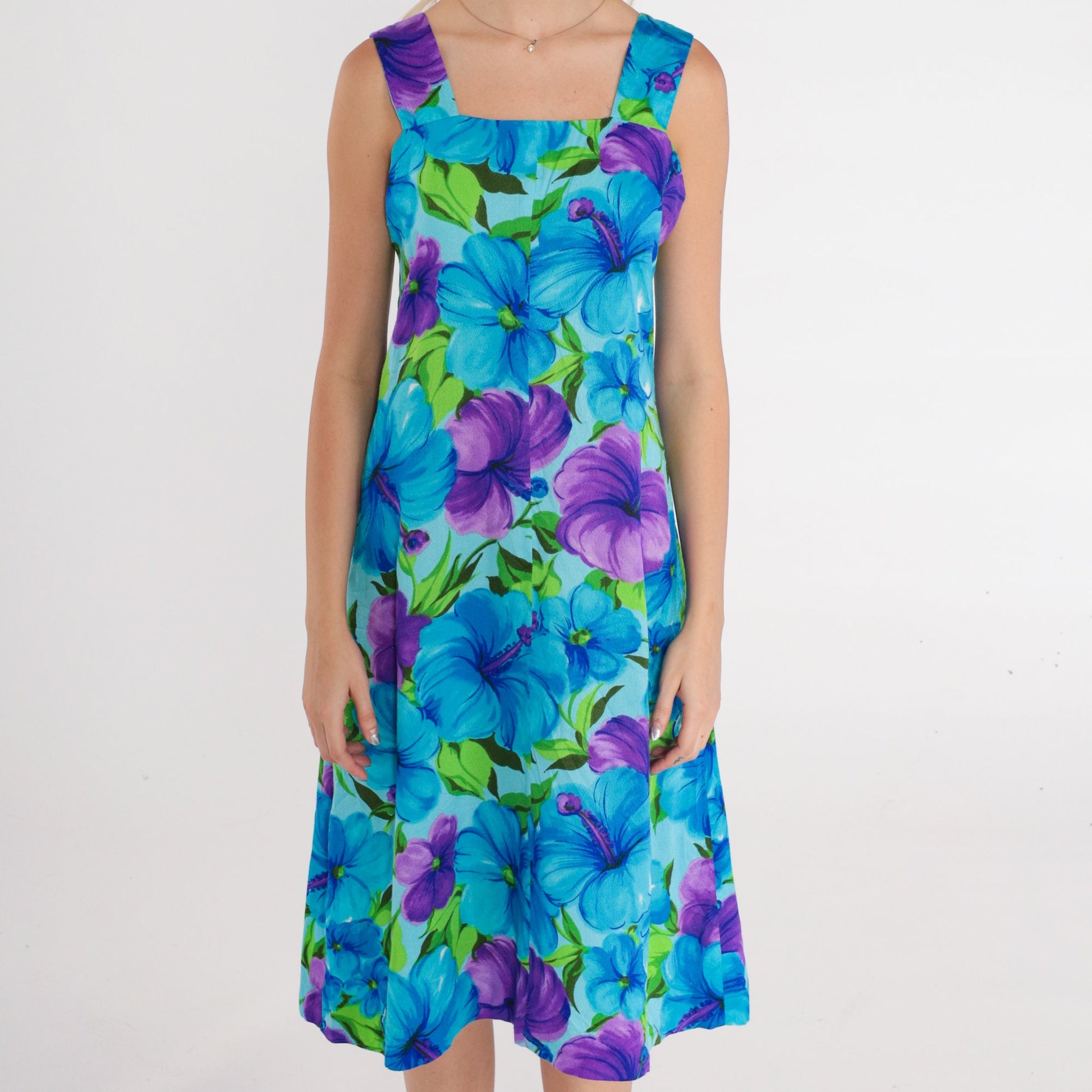 70s Tropical Floral A-Line Sundress Sleeveless Knee-Length Cotton Small
