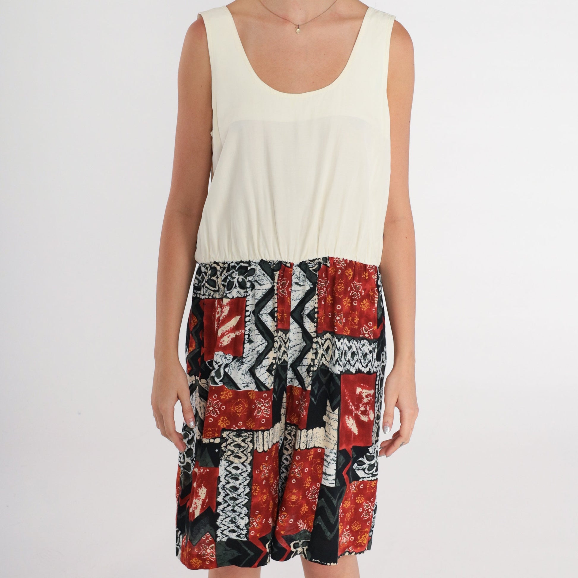 80s Sleeveless Romper Cream Abstract Print Scoop Neck Playsuit Medium M
