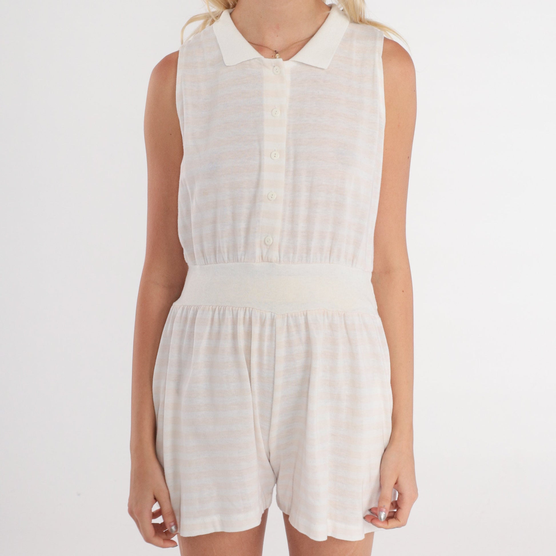 80s White Striped Peach Sleeveless Romper Button-Up High Waist Extra Small