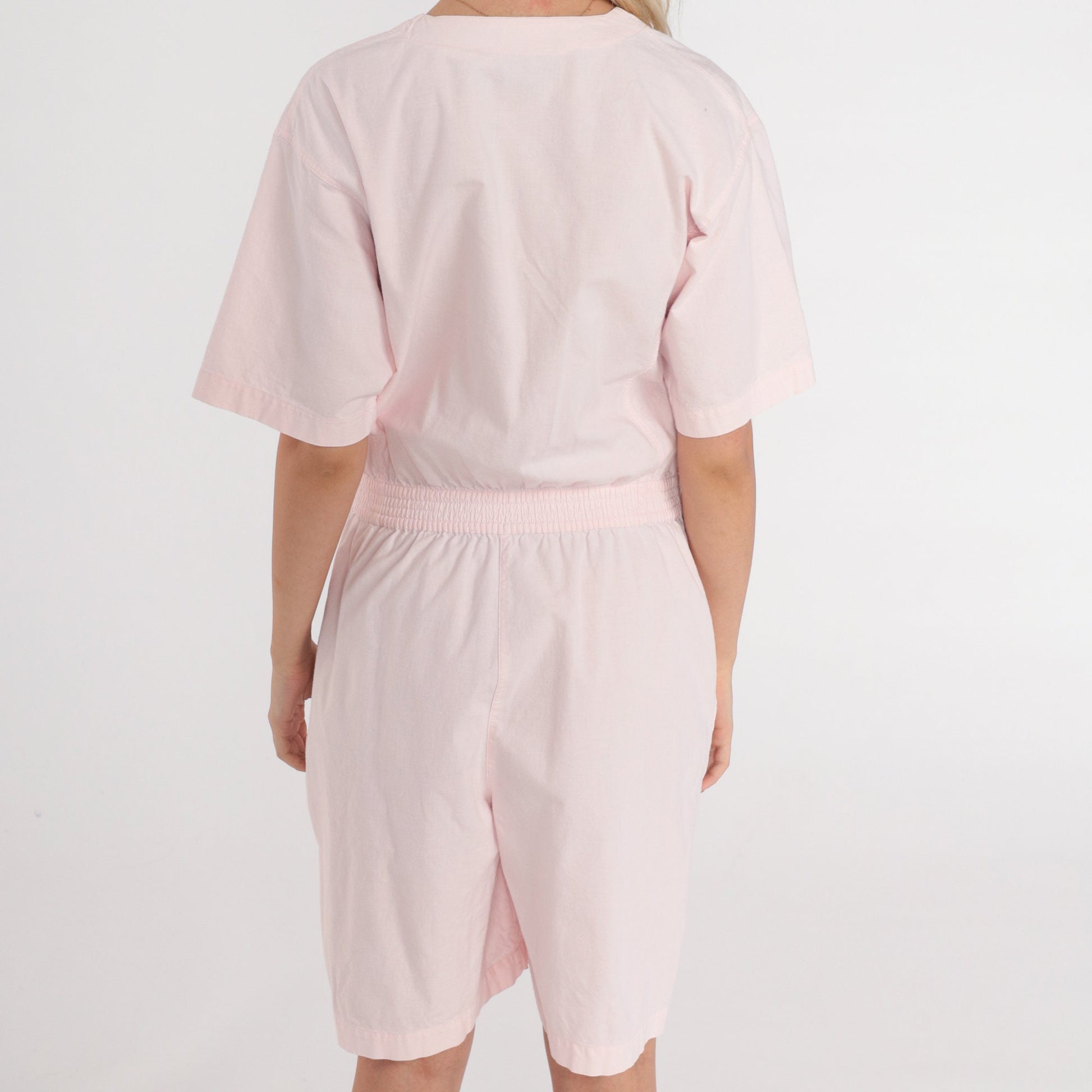 90s Baby Pink Cotton Romper Button-Up V-Neck Chest Pockets Medium