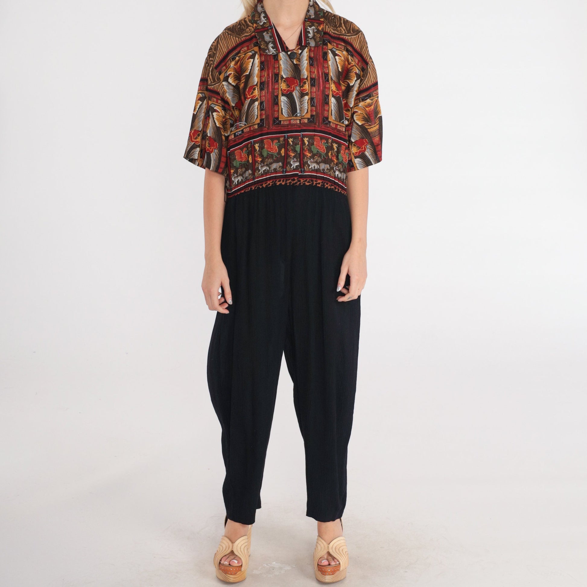 90s Phoebe Abstract Floral Griffin Jumpsuit High-Waisted Tapered Black Large