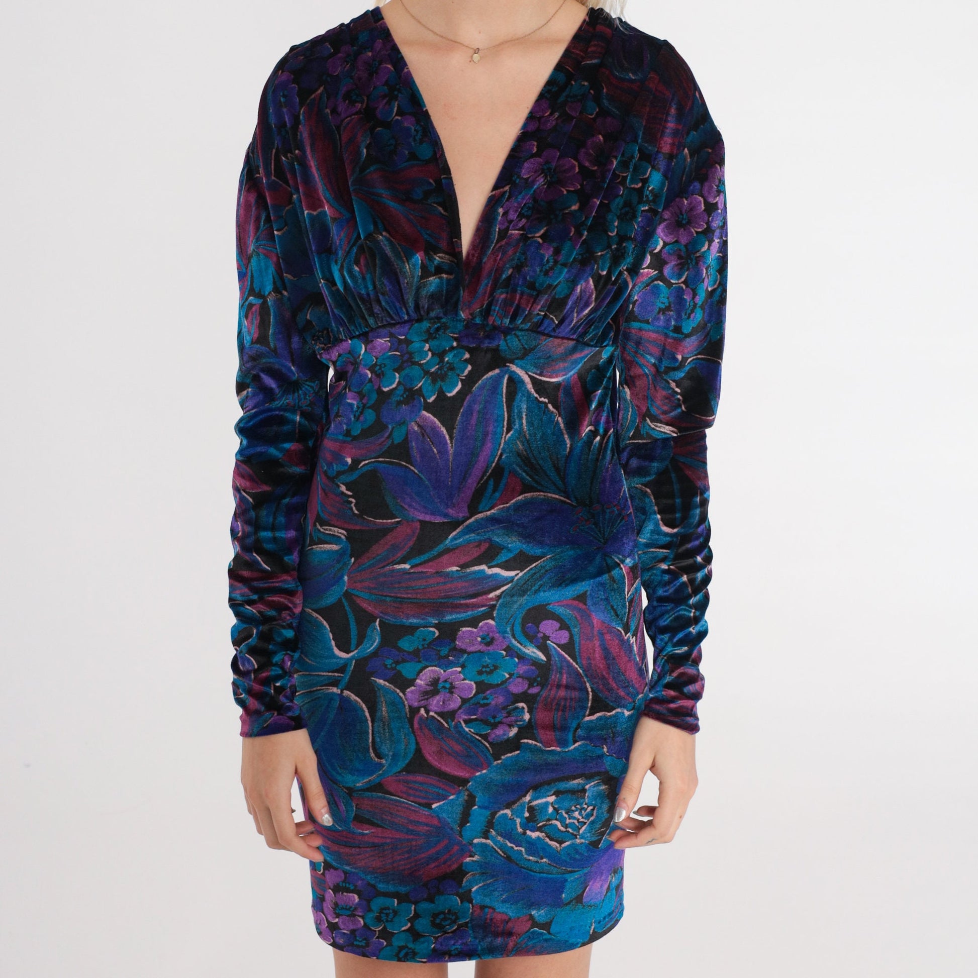 90s Floral Velvet Mini Dress Long Sleeve Empire Waist Blue Purple 2XS