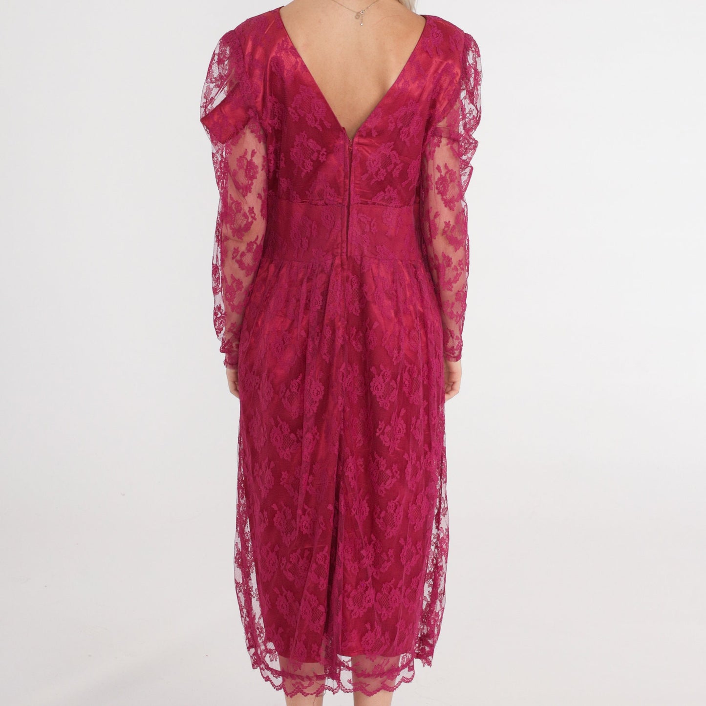 70s Raspberry Lace Midi Dress Puff Sleeve High Waist Low Back Medium