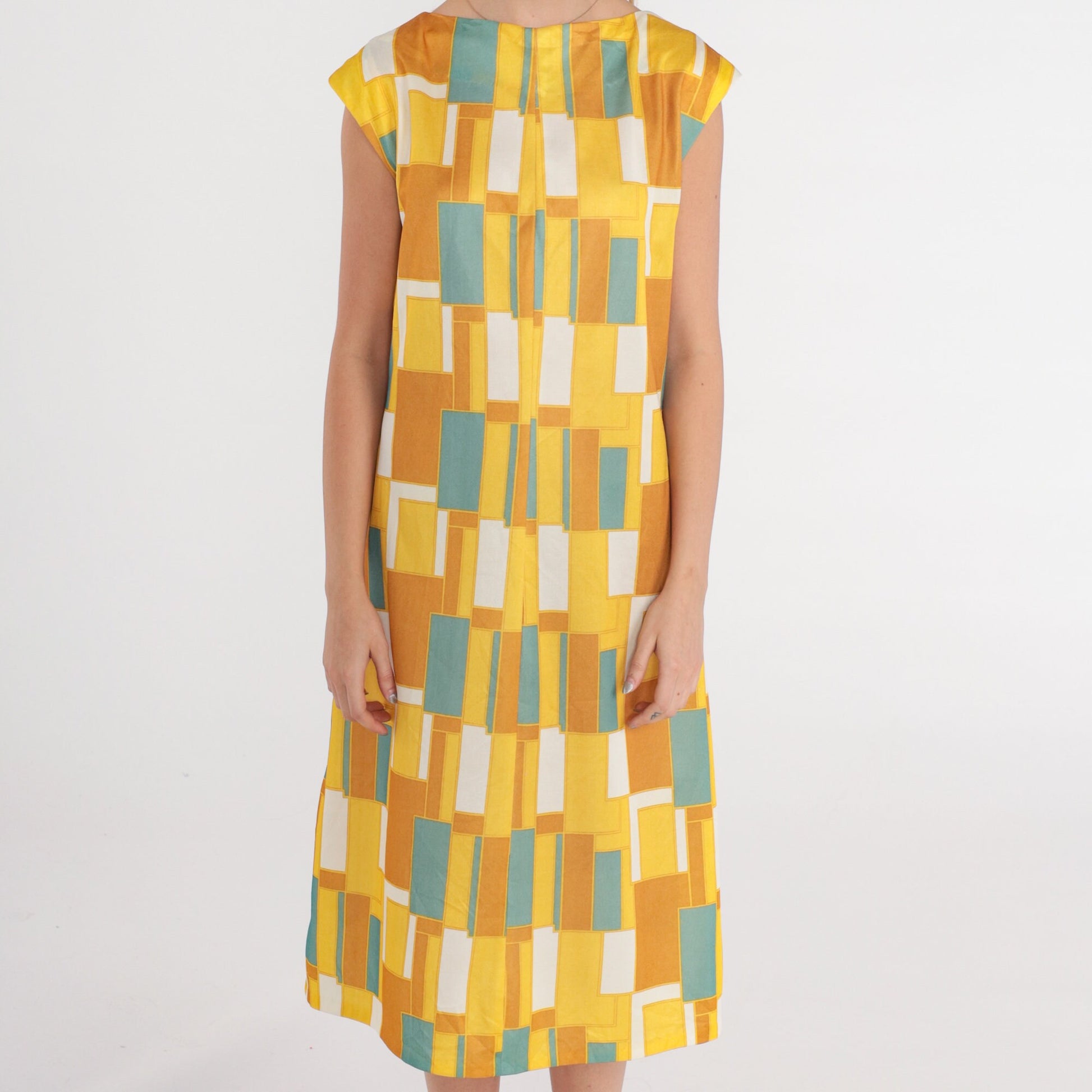 70s Mod Geometric Yellow Midi Dress A-Line Cap Sleeve Medium M