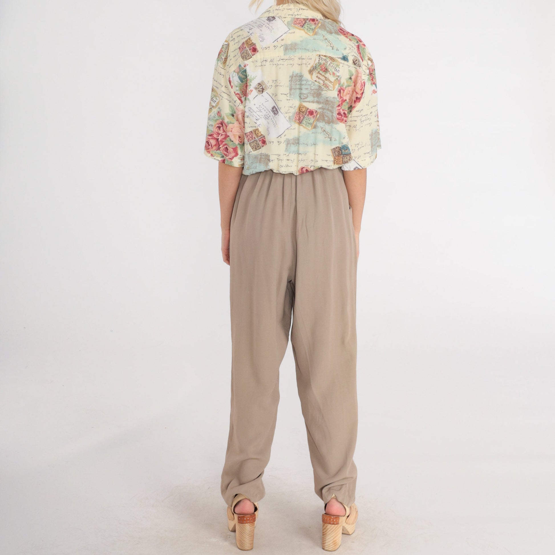 80s Jumpsuit Abstract Floral Rose Print High-Waisted Tapered Tan Medium Large