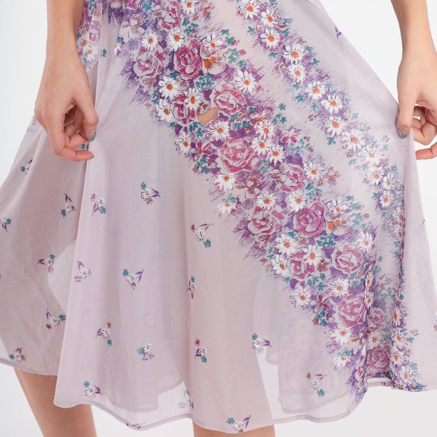 70s Lavender Floral Midi Dress High Waisted Sheer Purple Small Medium