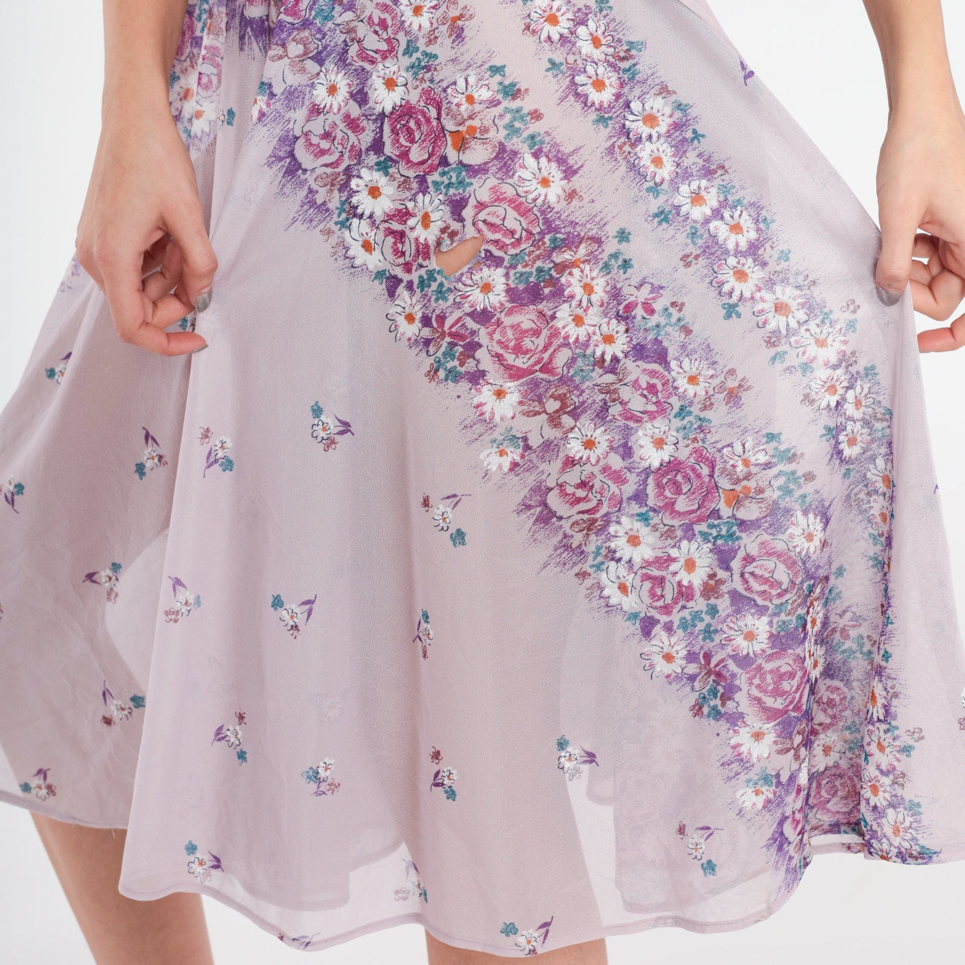 70s Lavender Floral Midi Dress High Waisted Sheer Purple Small Medium