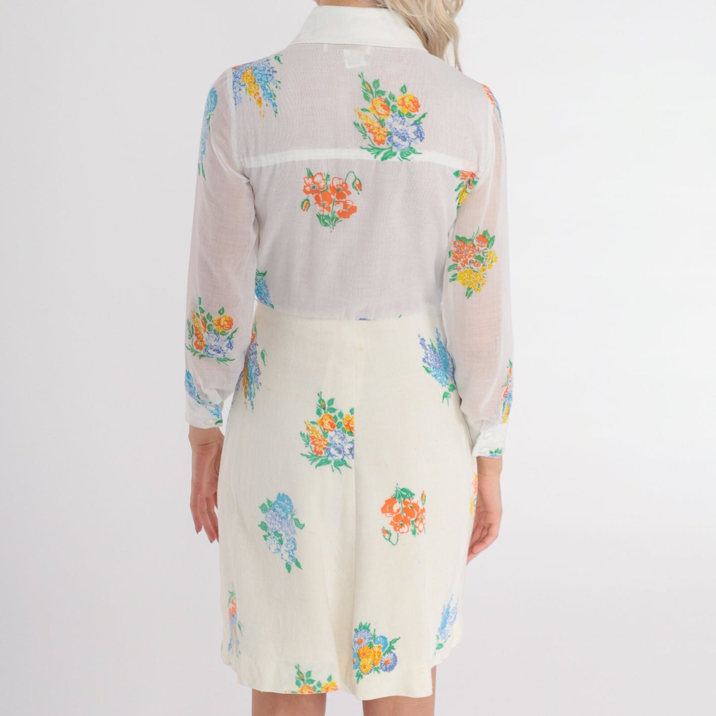 70s White Floral Mini Dress Dagger Collar High Waisted Button Up Long Sleeve Extra Small