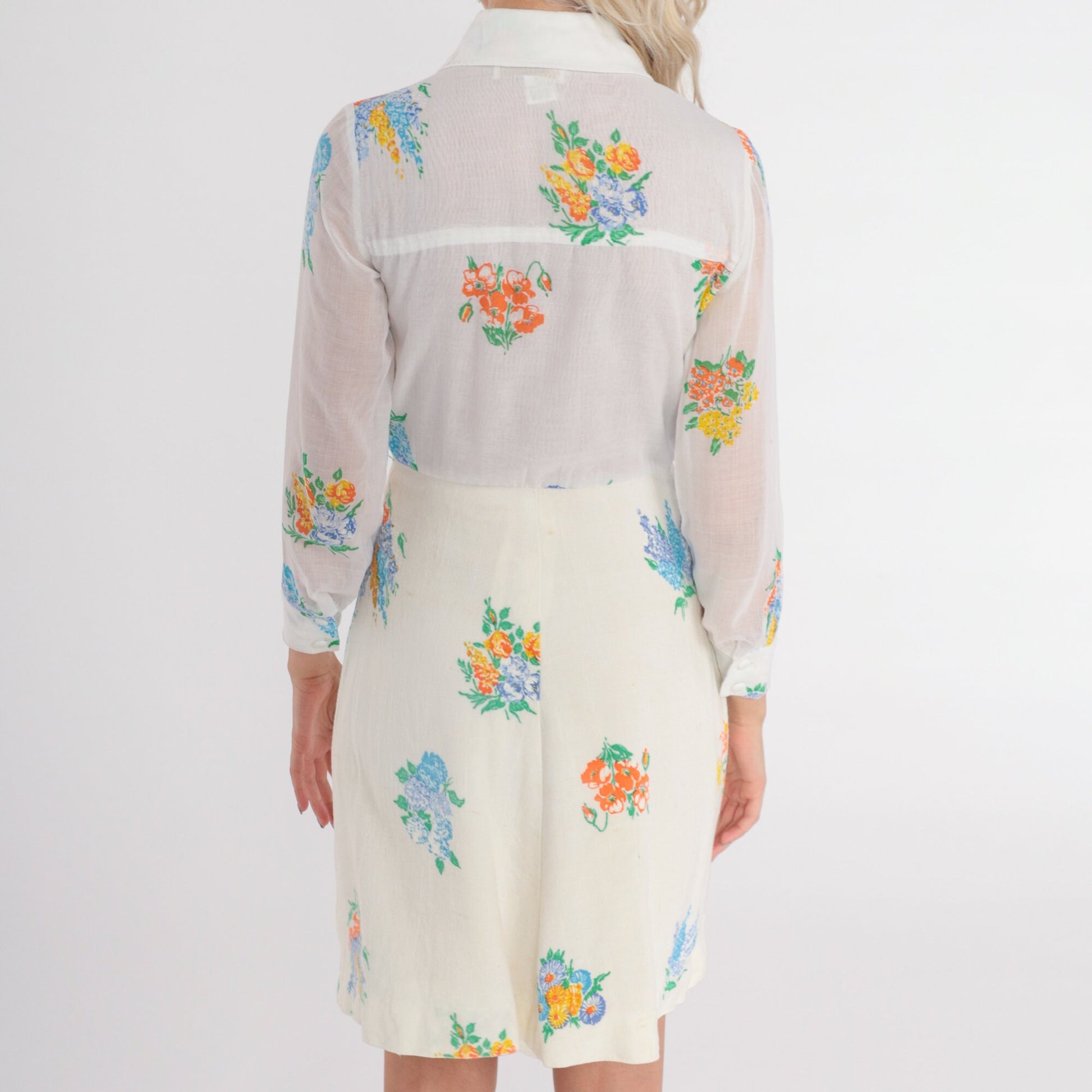 70s White Floral Mini Dress Dagger Collar High Waisted Button Up Long Sleeve Extra Small