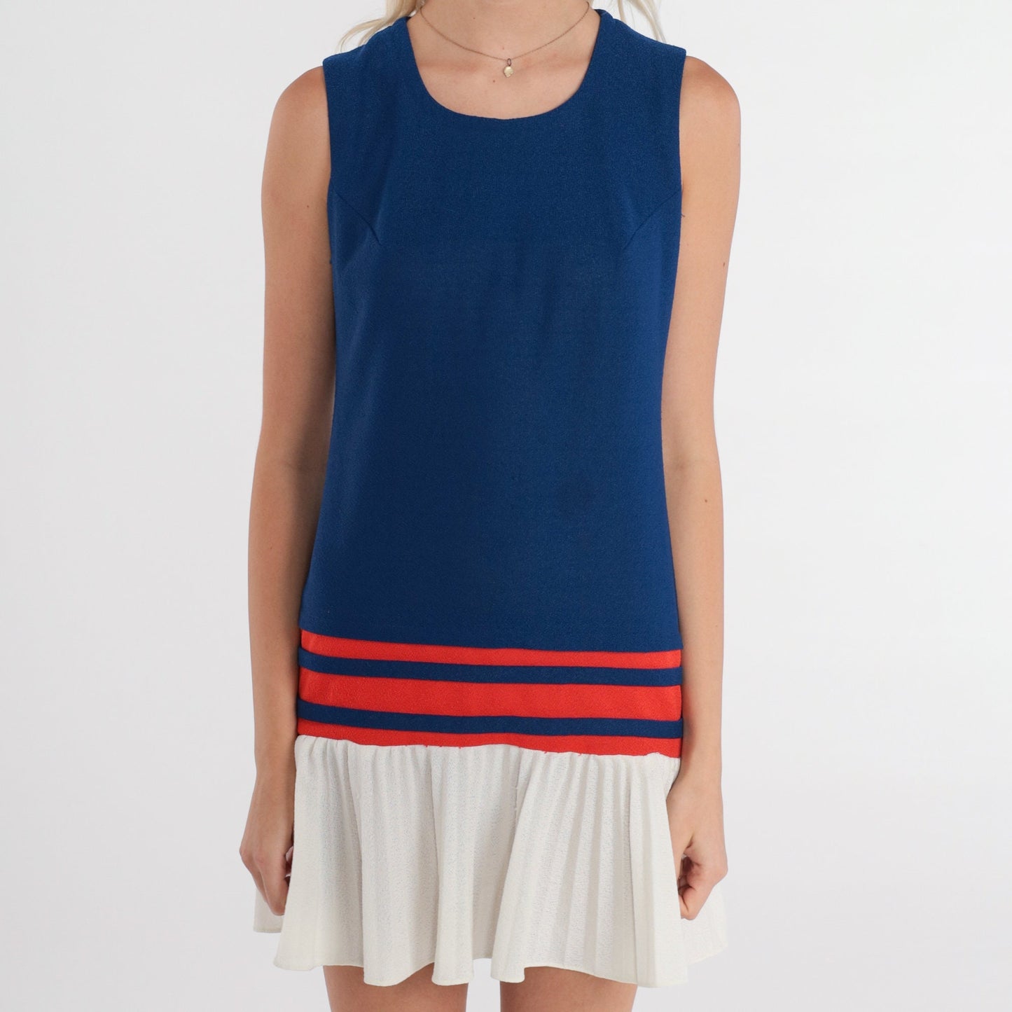 60s Candi Jones Mod Mini Dress Drop Waist Pleated Blue Red White XS