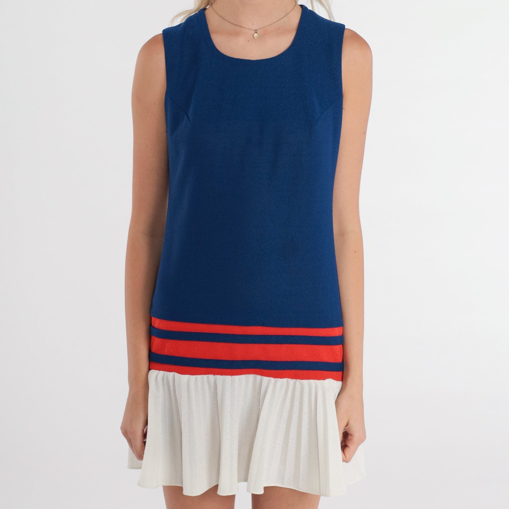 60s Candi Jones Mod Mini Dress Drop Waist Pleated Blue Red White XS