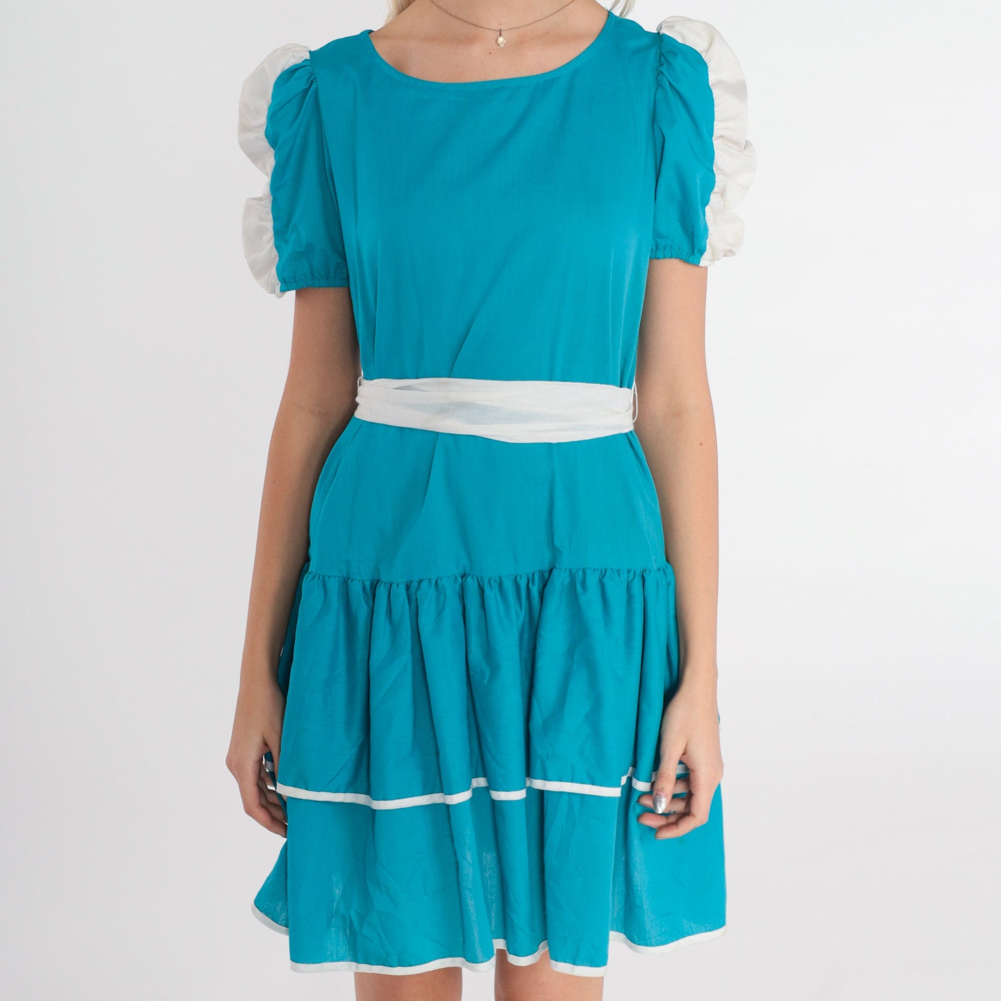 80s Blue Mini Dress Puff Sleeve Tiered Skirt High Waisted Extra Small