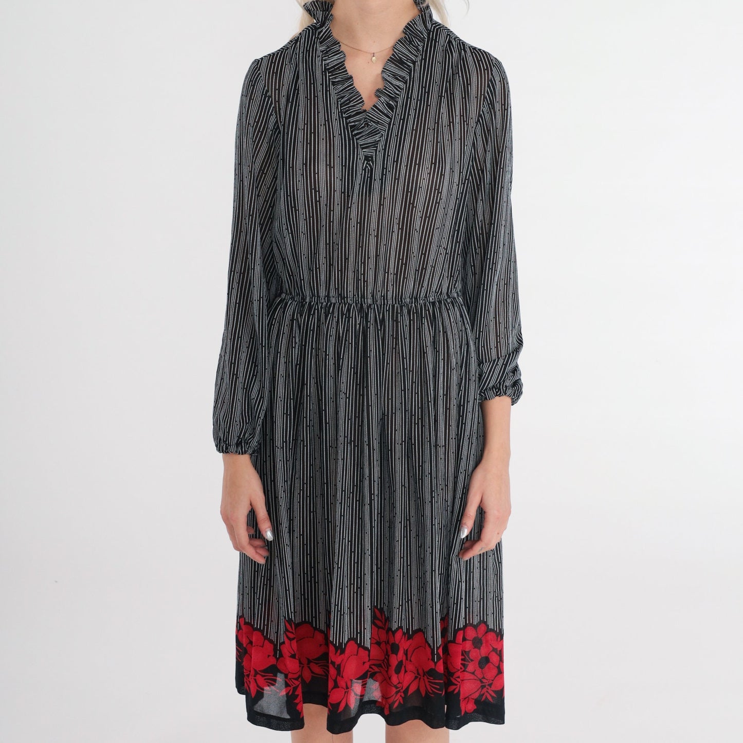 70s Striped Floral Midi Dress Black White Red Flower Print Long Sleeve Small