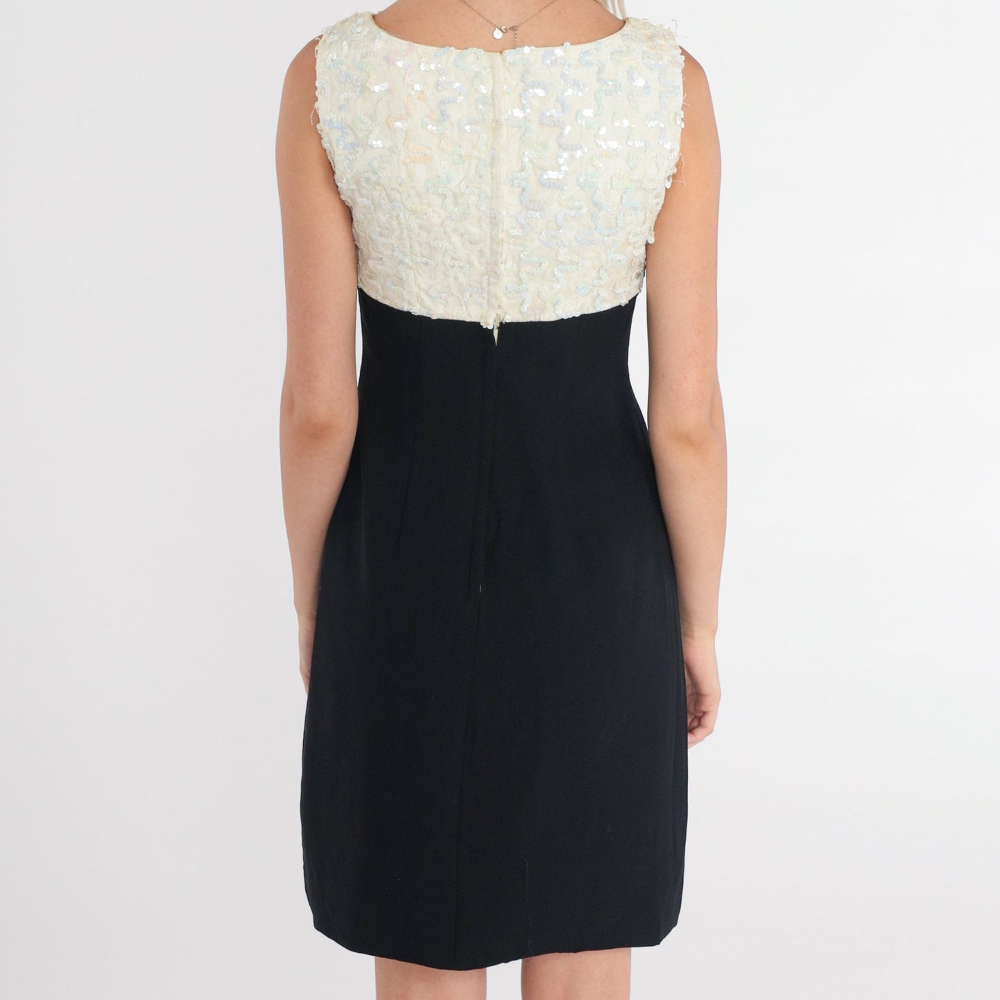 60s Sequin Bow Cocktail Dress Black Off-White Empire Waist Mini V-Neck Extra Small