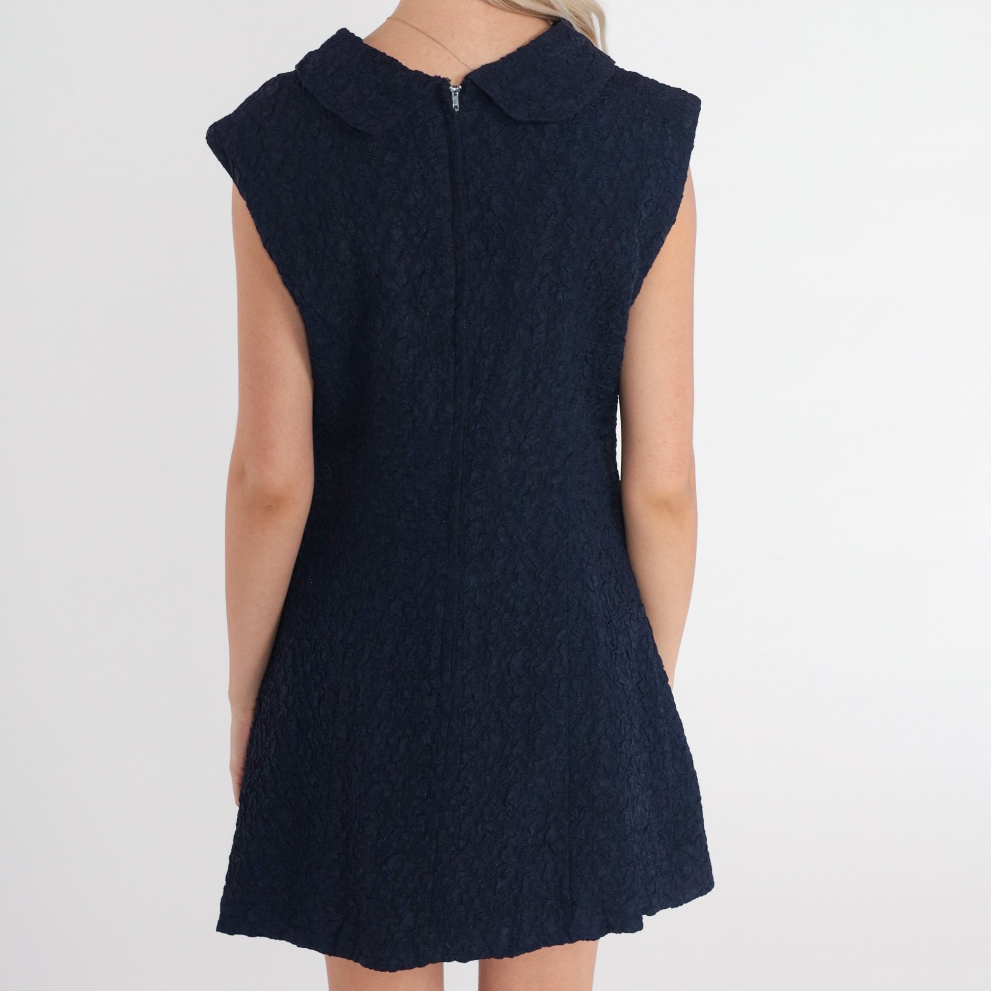 60s Navy Crinkle Shift Dress Sleeveless Cowl Neck Mini Small S