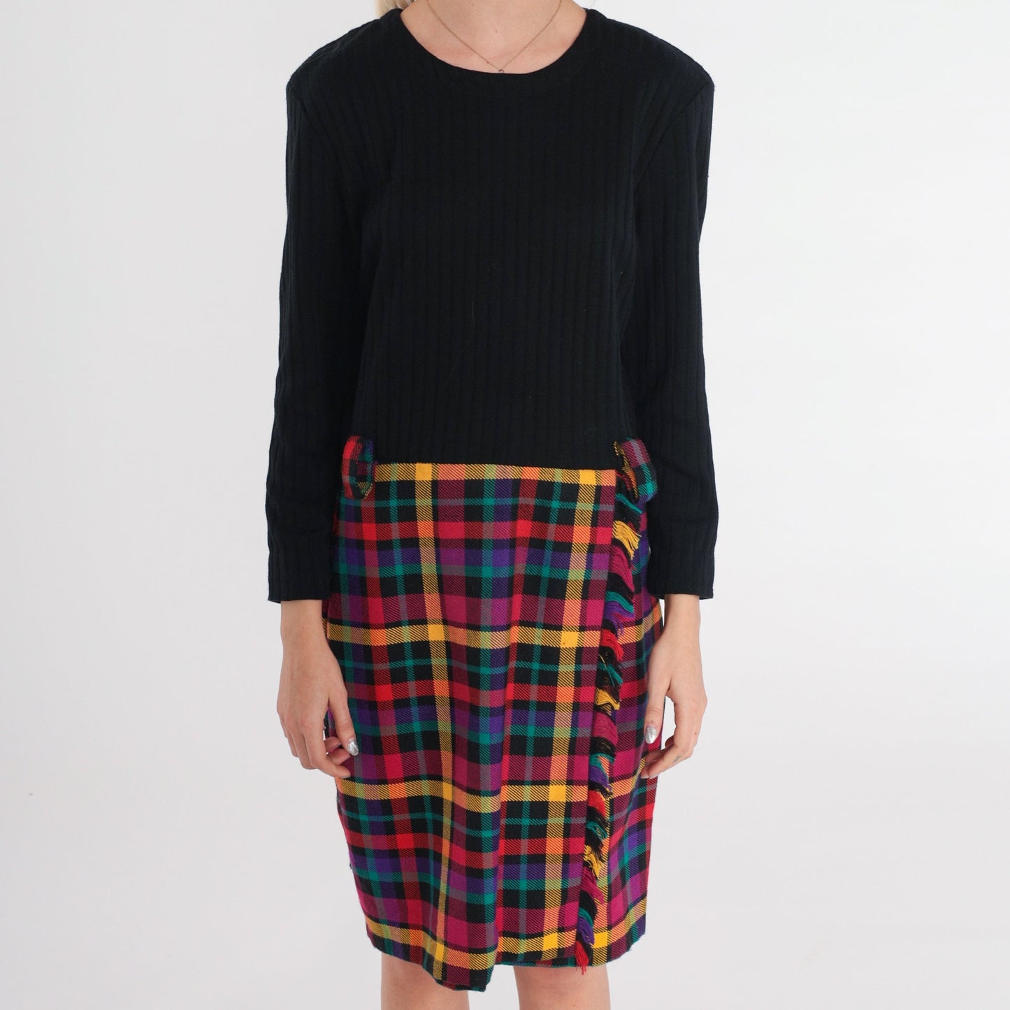 70s Black Plaid Wool Blend Midi Dress Long Sleeve High Waist Medium