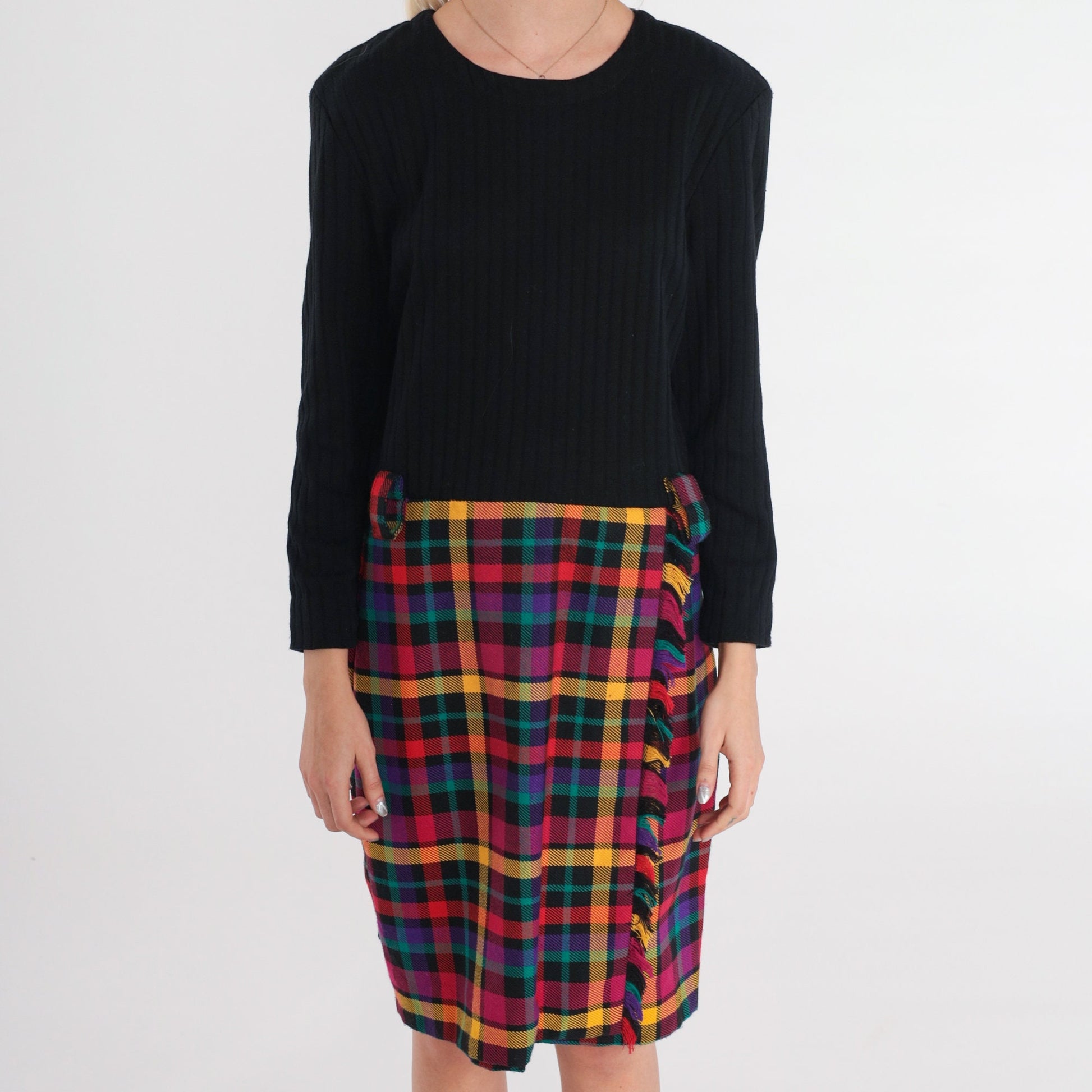 70s Black Plaid Wool Blend Midi Dress Long Sleeve High Waist Medium