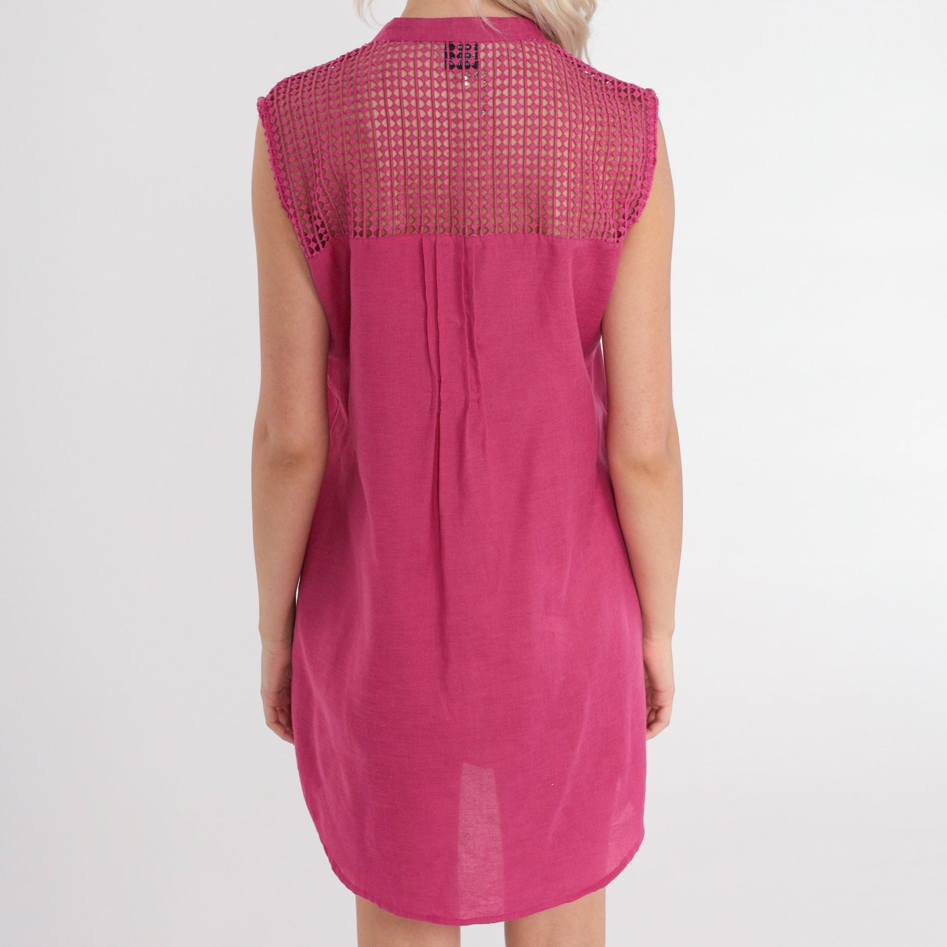 90s Pink Mini Dress Button-Up Sleeveless Sheer Cutout Yoke Medium