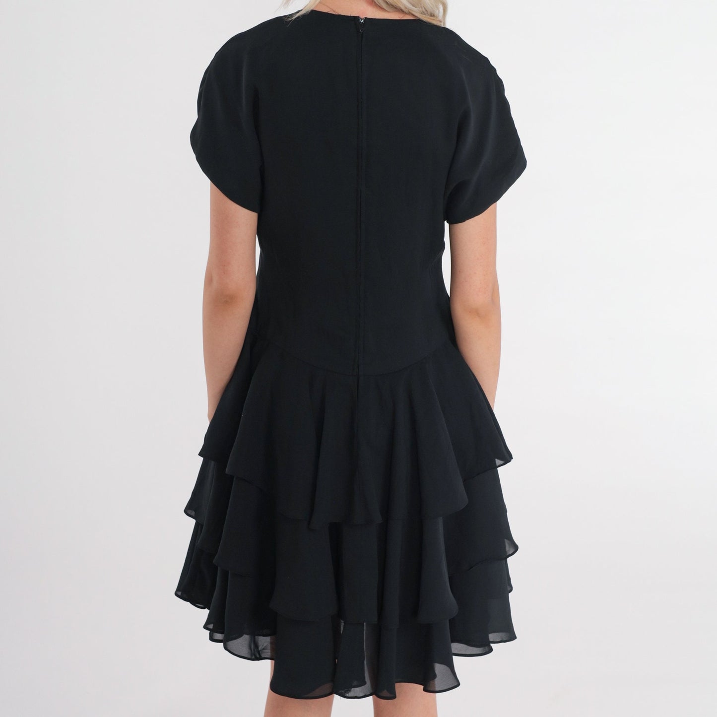 80s Jodi of California Black Mini Dress Ruffled Tiered Skirt Short Sleeve Small