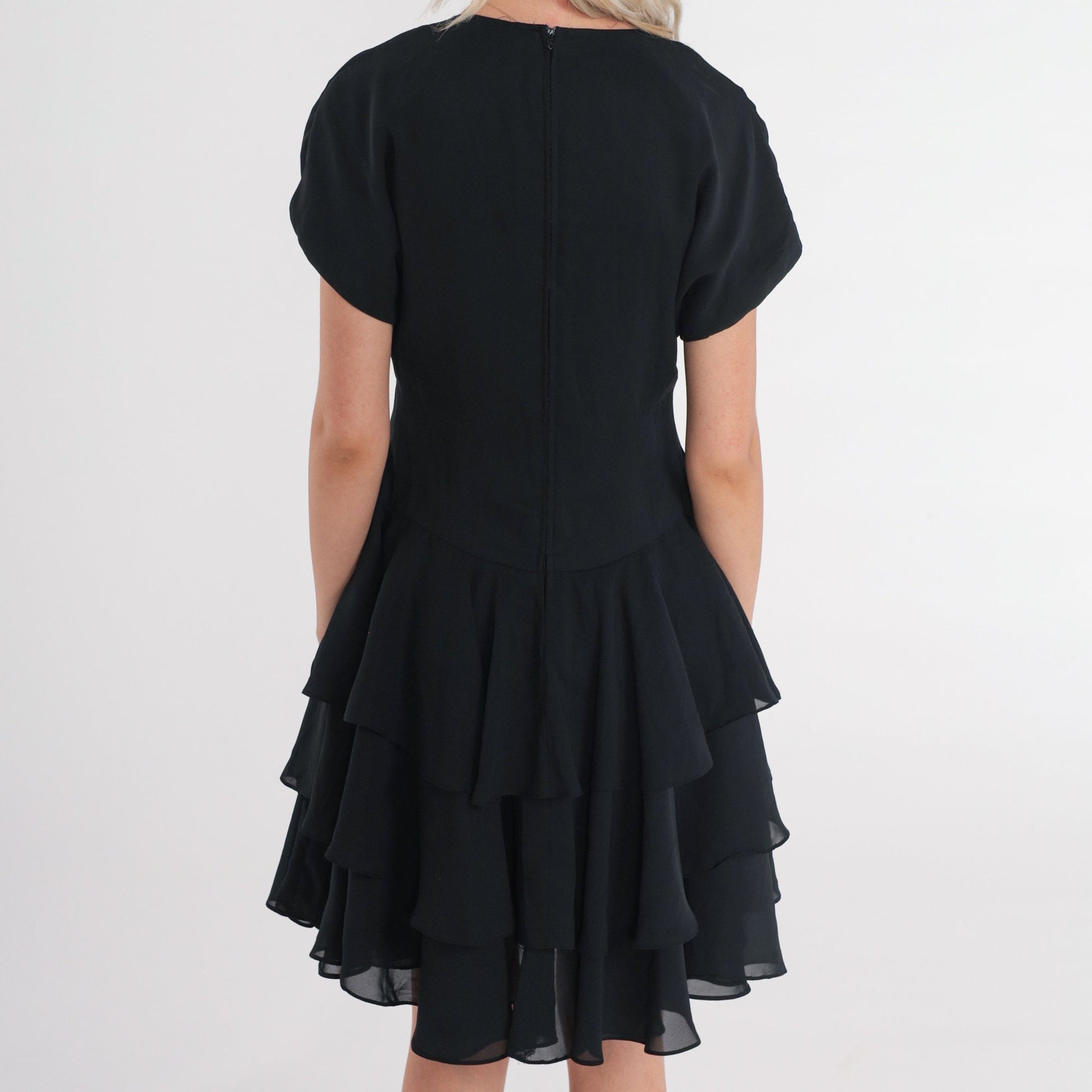 80s Jodi of California Black Mini Dress Ruffled Tiered Skirt Short Sleeve Small