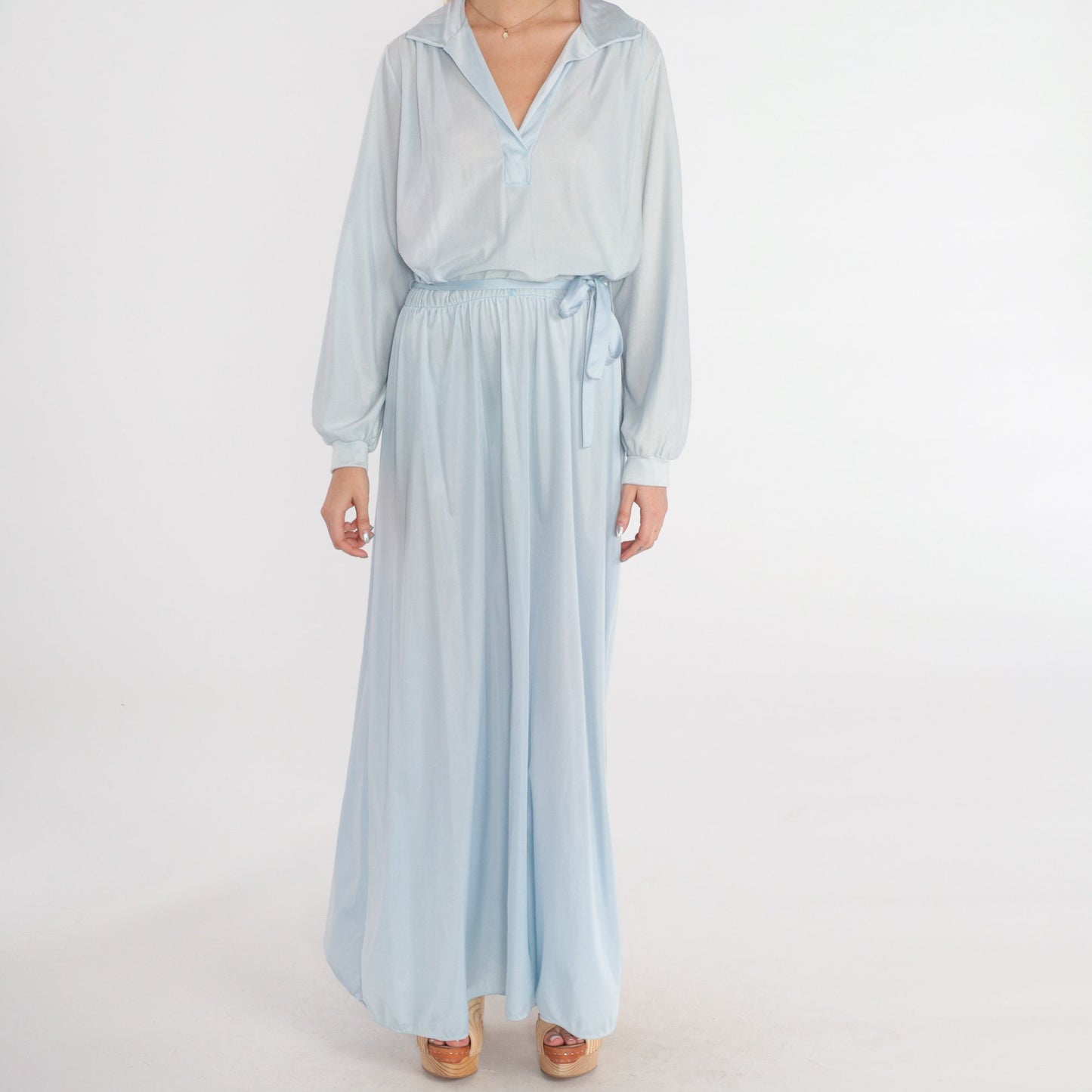 70s Light Blue Maxi Dress Collared V-Neck Long Sleeve High Waisted Medium Large